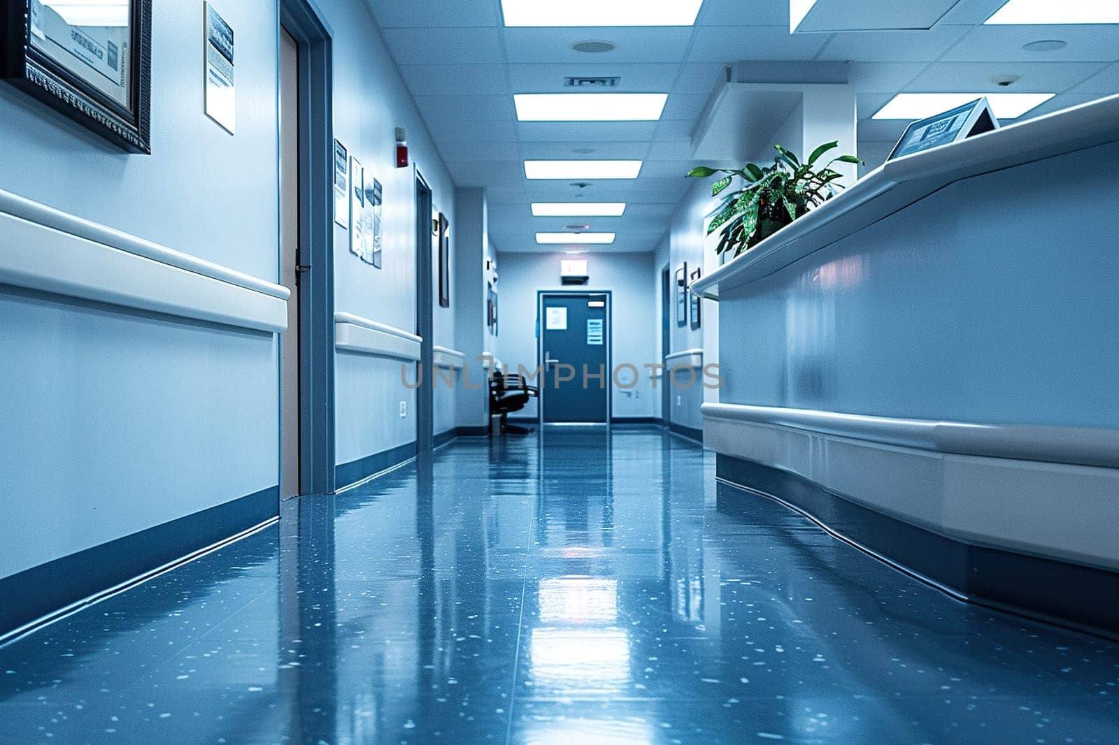 Empty modern hospital corridor, interior clinic corridor background with blue walls. Medical services concept. Generated by artificial intelligence by Vovmar