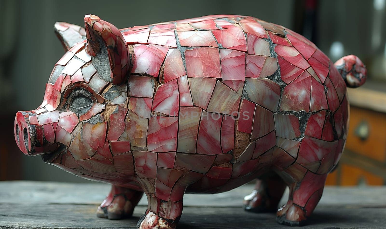 Pig sculpture crafted from broken tiles displayed on a table.