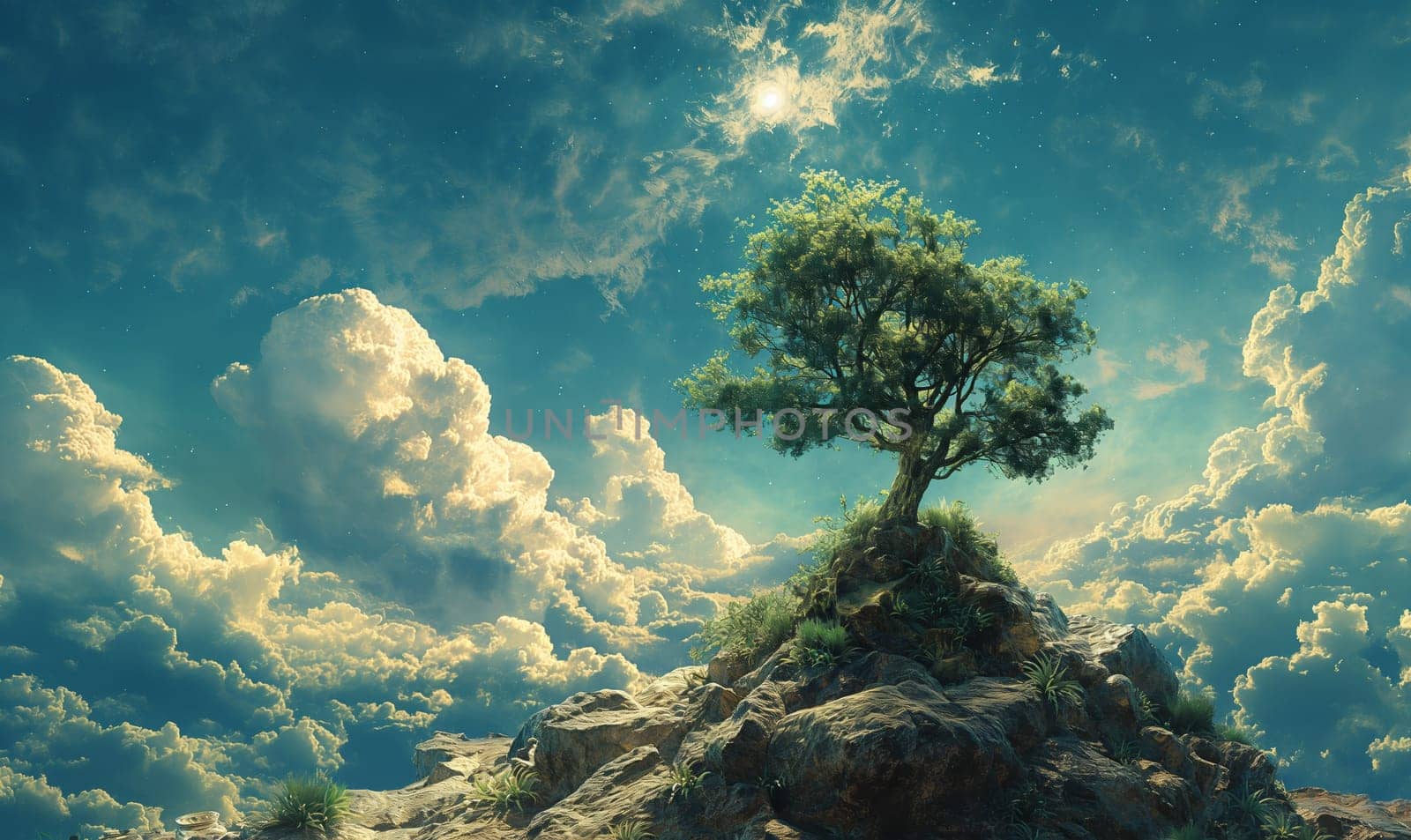 Tree Atop Mountain Under Cloudy Sky. Generative AI by Fischeron