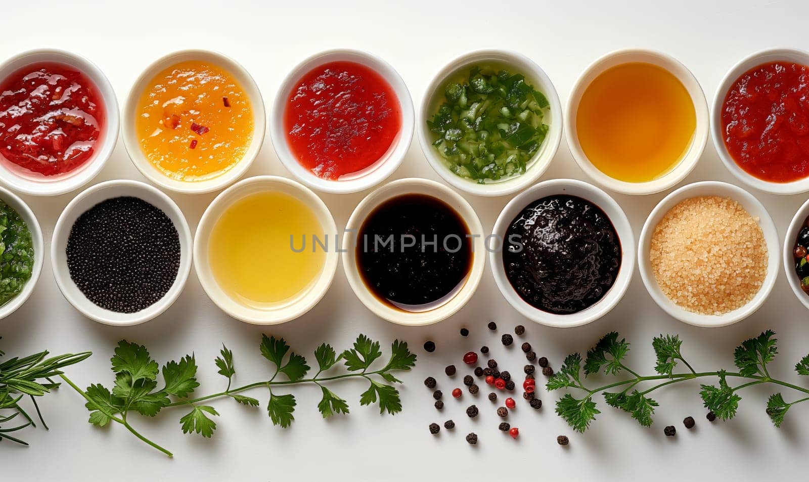 Assorted condiments and herbs neatly arranged.