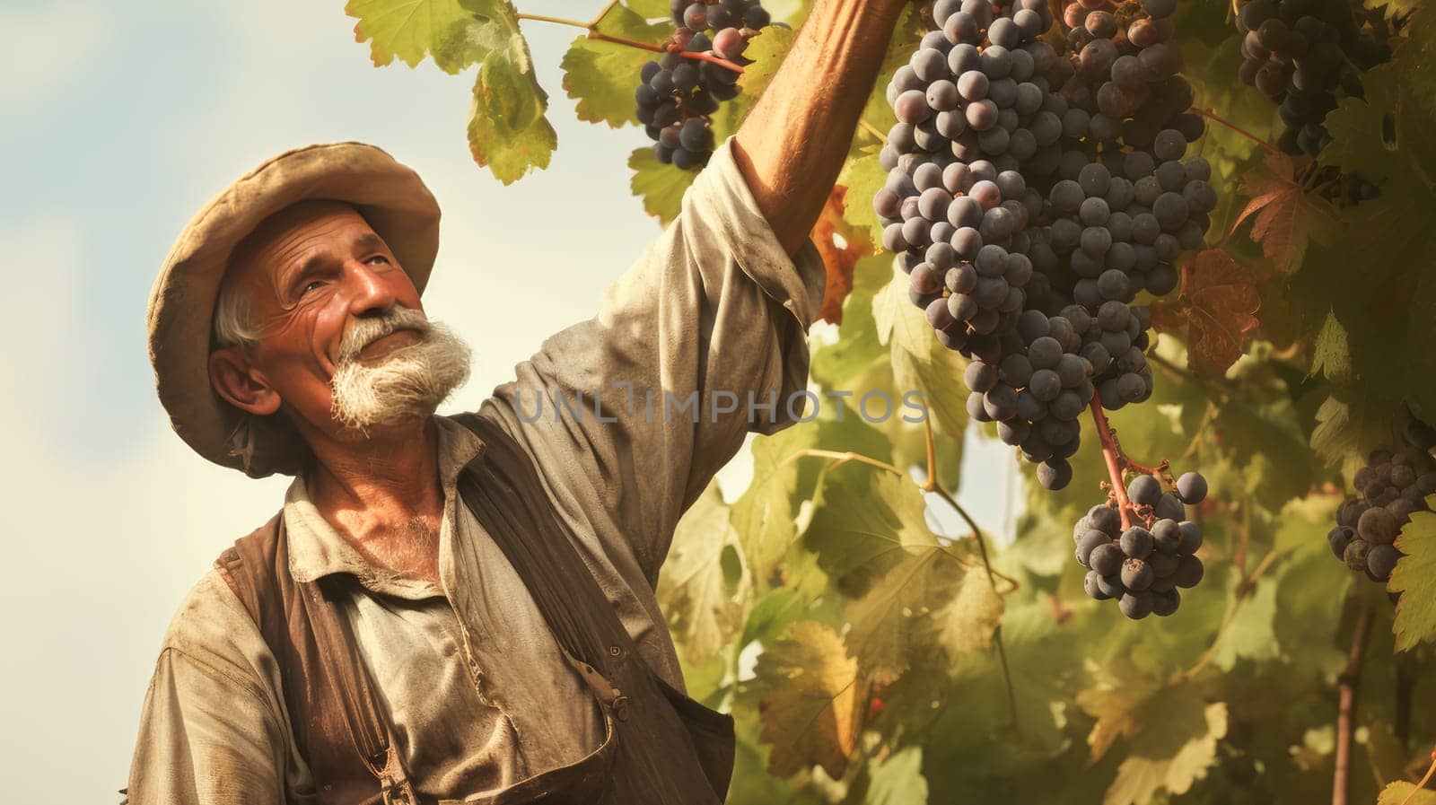 Man picking grapes: Manually picking blue grapes on vineyards to make wine. Wine making, vineyards, tourism business, small and private business, chain restaurant, flavorful food and drinks