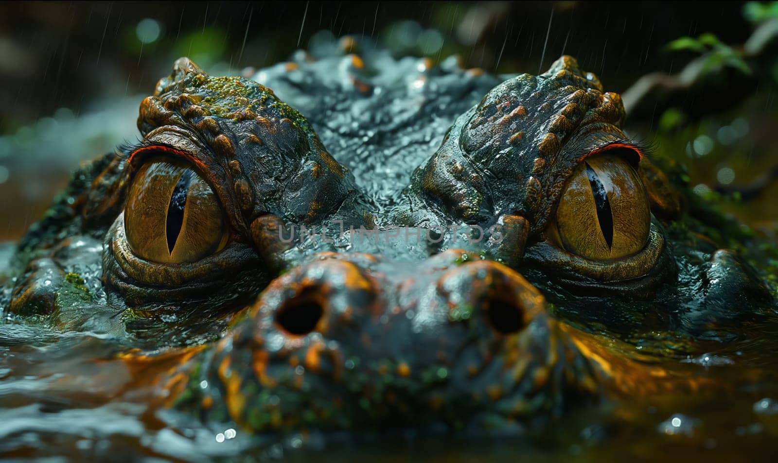 A detailed view of an alligators menacing face partially submerged in water.