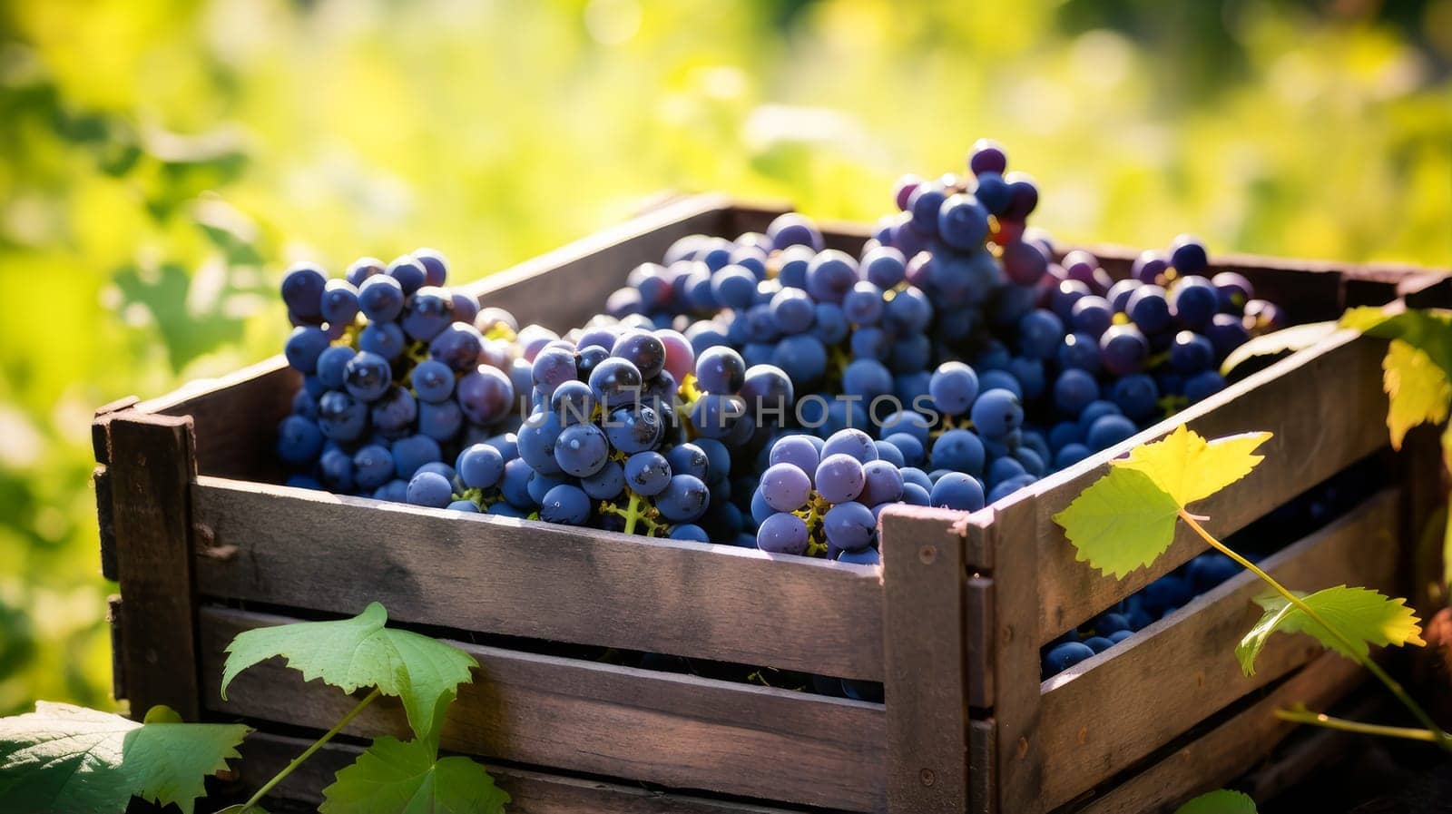 Collection of blue grapes. Grapes in a basket and in the vineyard. Autumn mood in the wine industry in the countryside against the backdrop of the sun. Wine making, vineyards, tourism business, small private business, chain restaurant, flavorful food