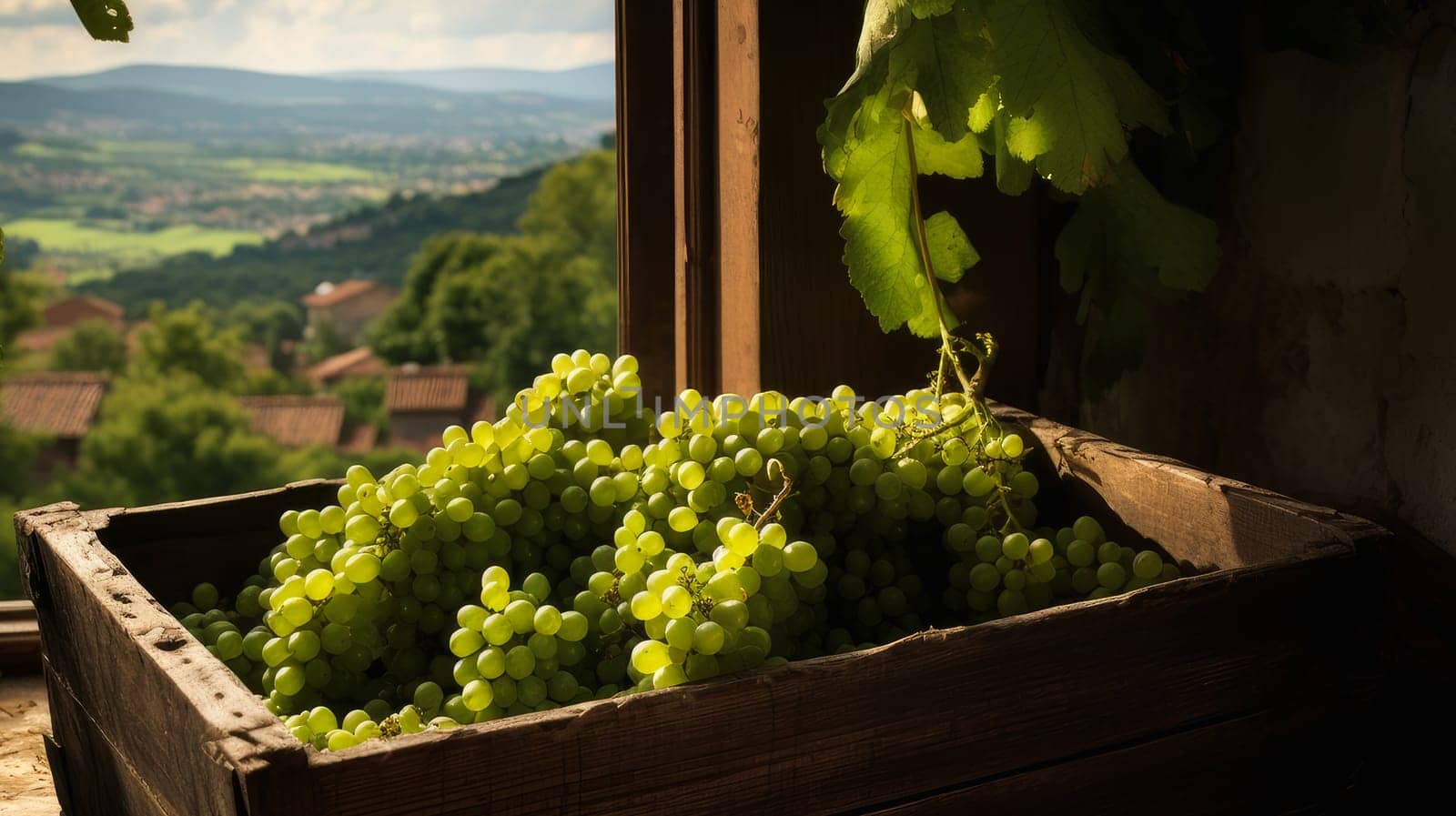 Collection of green grapes. Grapes in a basket and in the vineyard. Autumn mood in the wine industry countryside against the backdrop of the sun. Wine making, vineyards, tourism business, small and private business, chain restaurant, flavorful food