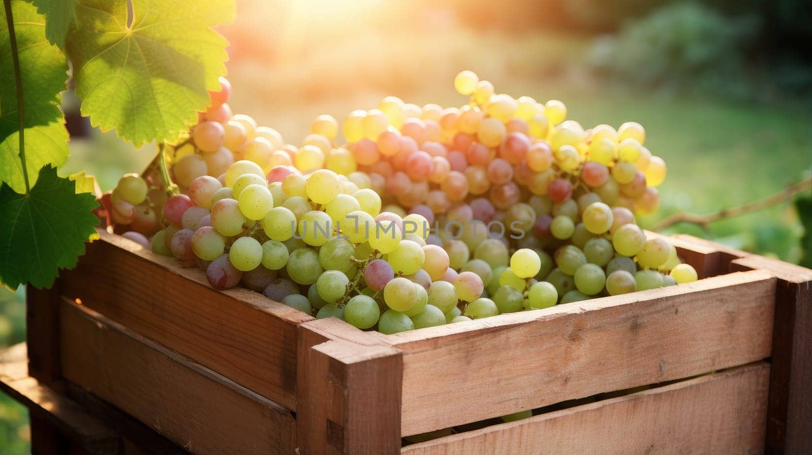 Collection of green grapes. Grapes in a basket and in the vineyard. Autumn mood in the wine industry countryside against the backdrop of the sun. Wine making, vineyards, tourism business, small and private business, chain restaurant, flavorful food