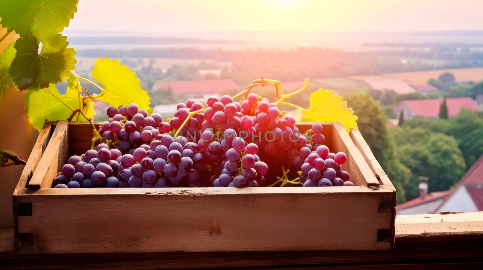 Collection of red rose grapes. Grapes in a basket and in the vineyard. Autumn mood in the wine industry countryside against backdrop sun. Wine making, vineyards, tourism business small and private business, chain restaurant, flavorful food and drinks