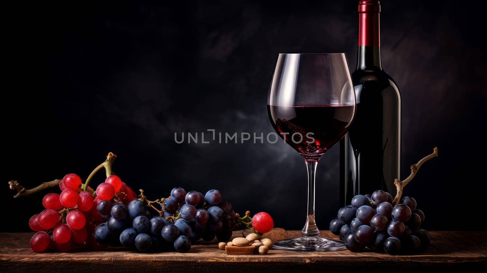 Refined still life with red wine, cheese and grapes on a wicker tray on a wooden table on a dark background. Wine making, vineyards, tourism business, small and private business, chain restaurant, flavorful food and drinks