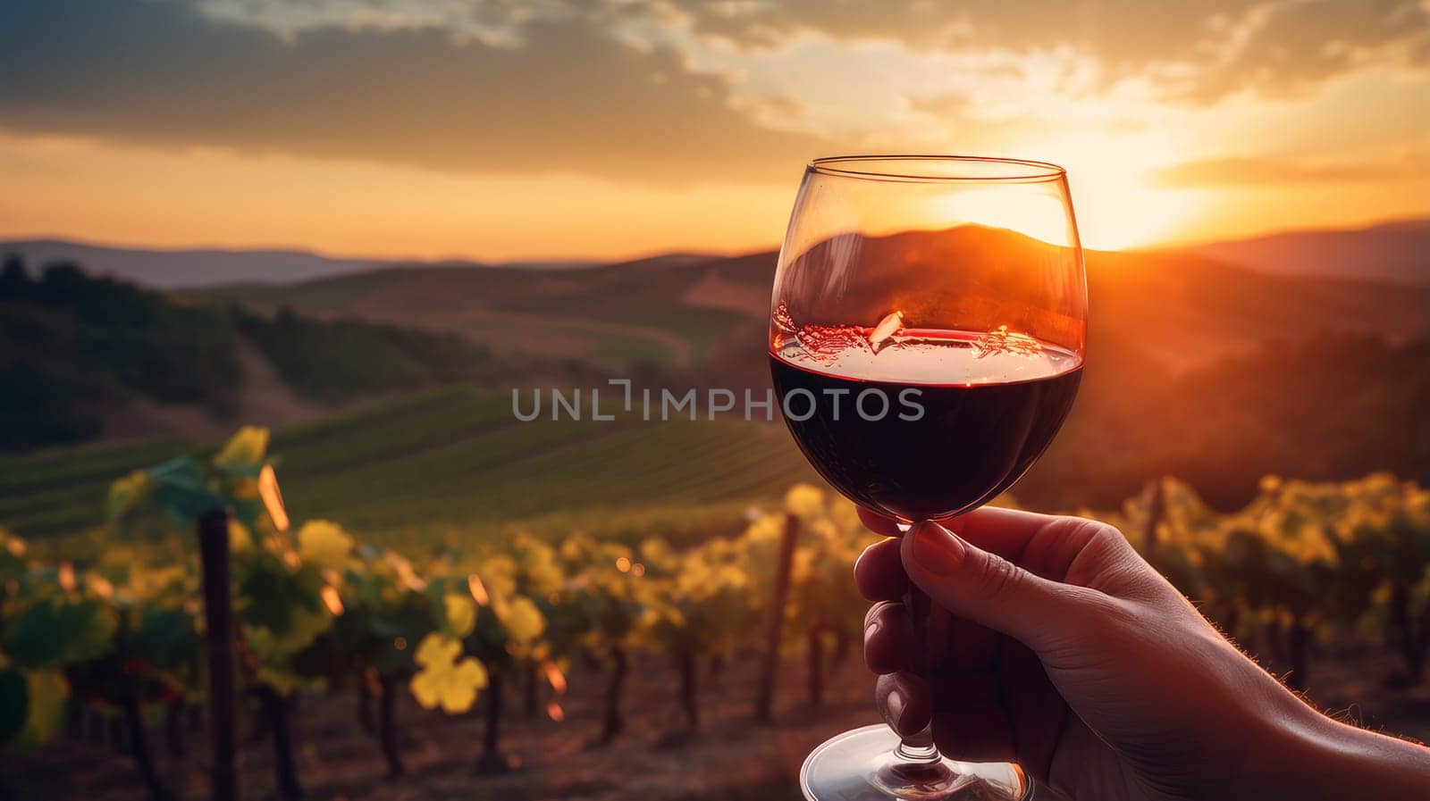 Red wine swirls in a glass. A bush of grapes before harvest. A hand holds a glass of white wine against a vineyard in the background of a rural landscape during sunset. Wine making, vineyards, tourism business, small and private business,