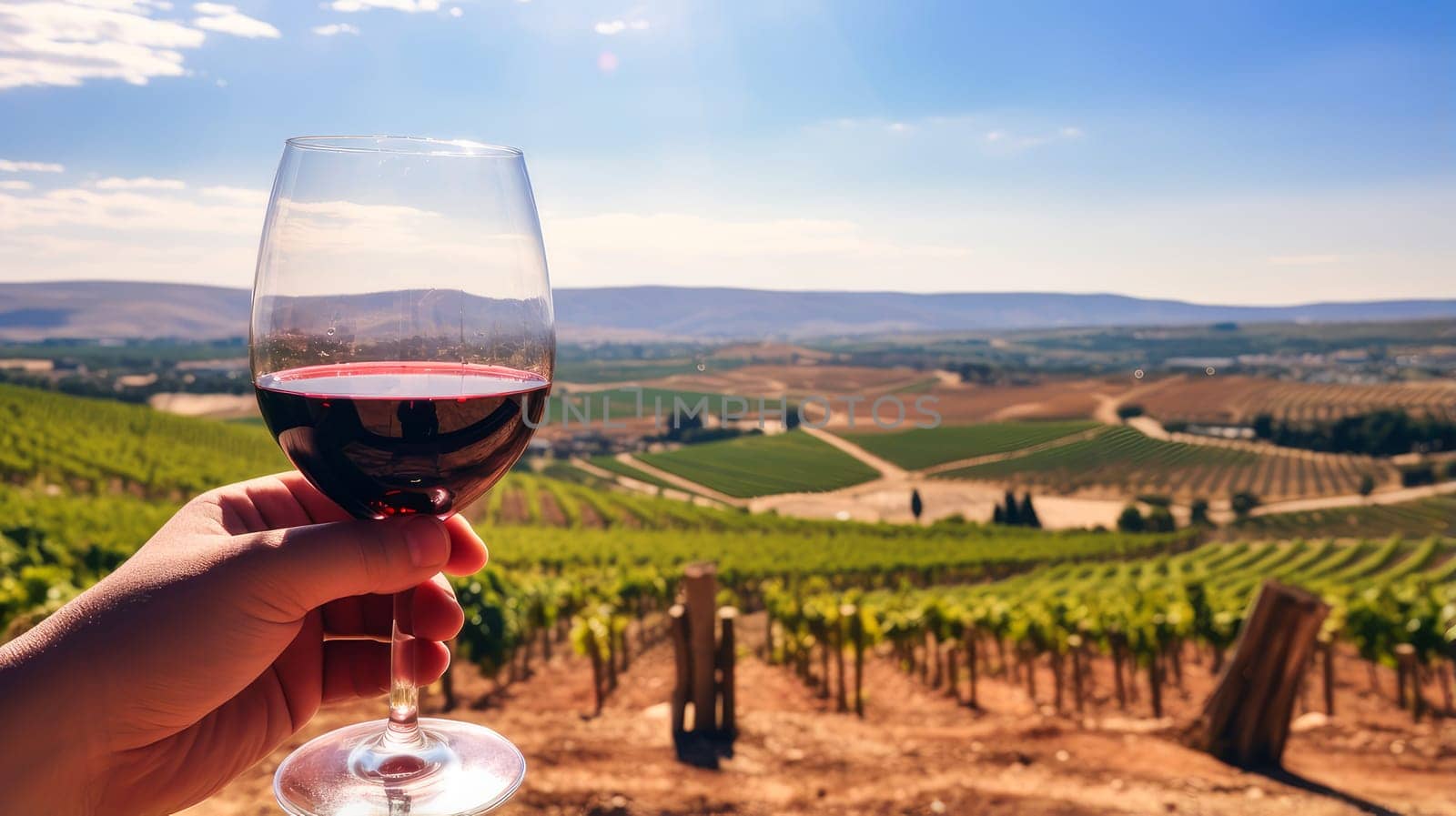 Red wine swirls in a glass. A bush of grapes before harvest. A hand holds a glass of white wine against a vineyard in the background of a rural landscape during sunset. Wine making, vineyards, tourism business, small and private business,