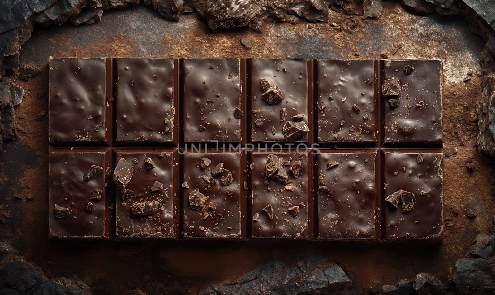 Detailed view of a chocolate bar resting on a wooden table.