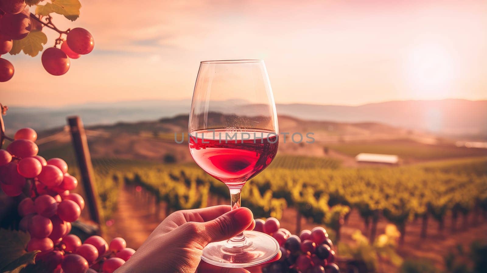 Red wine swirls in a glass. A bush of grapes before harvest. A hand holds a glass of white wine against a vineyard in the background of a rural landscape during sunset. Wine making, vineyards, tourism business, small and private business,