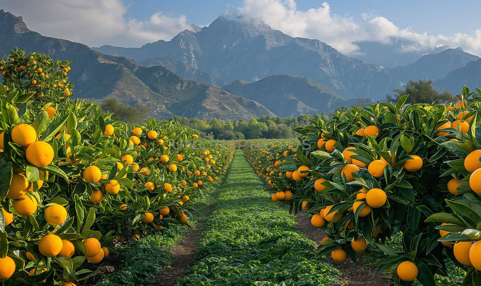Field of oranges with mountains in the backdrop.