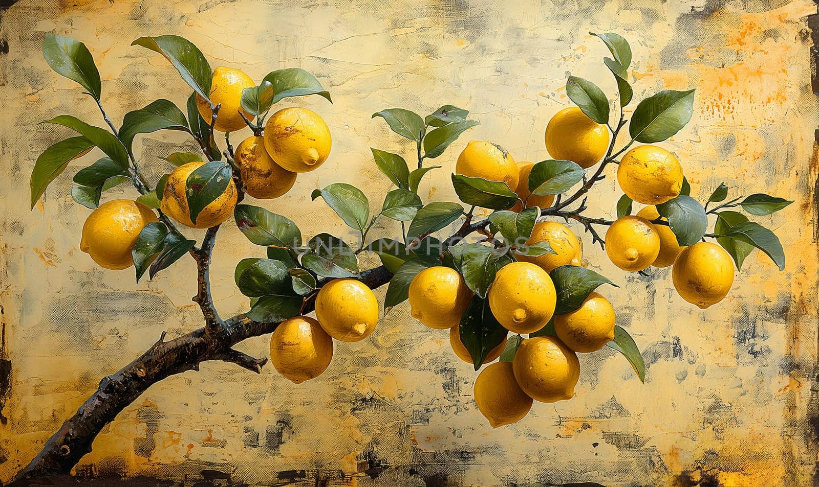 Ripe Lemons on Branch Against Gold Backdrop by Fischeron