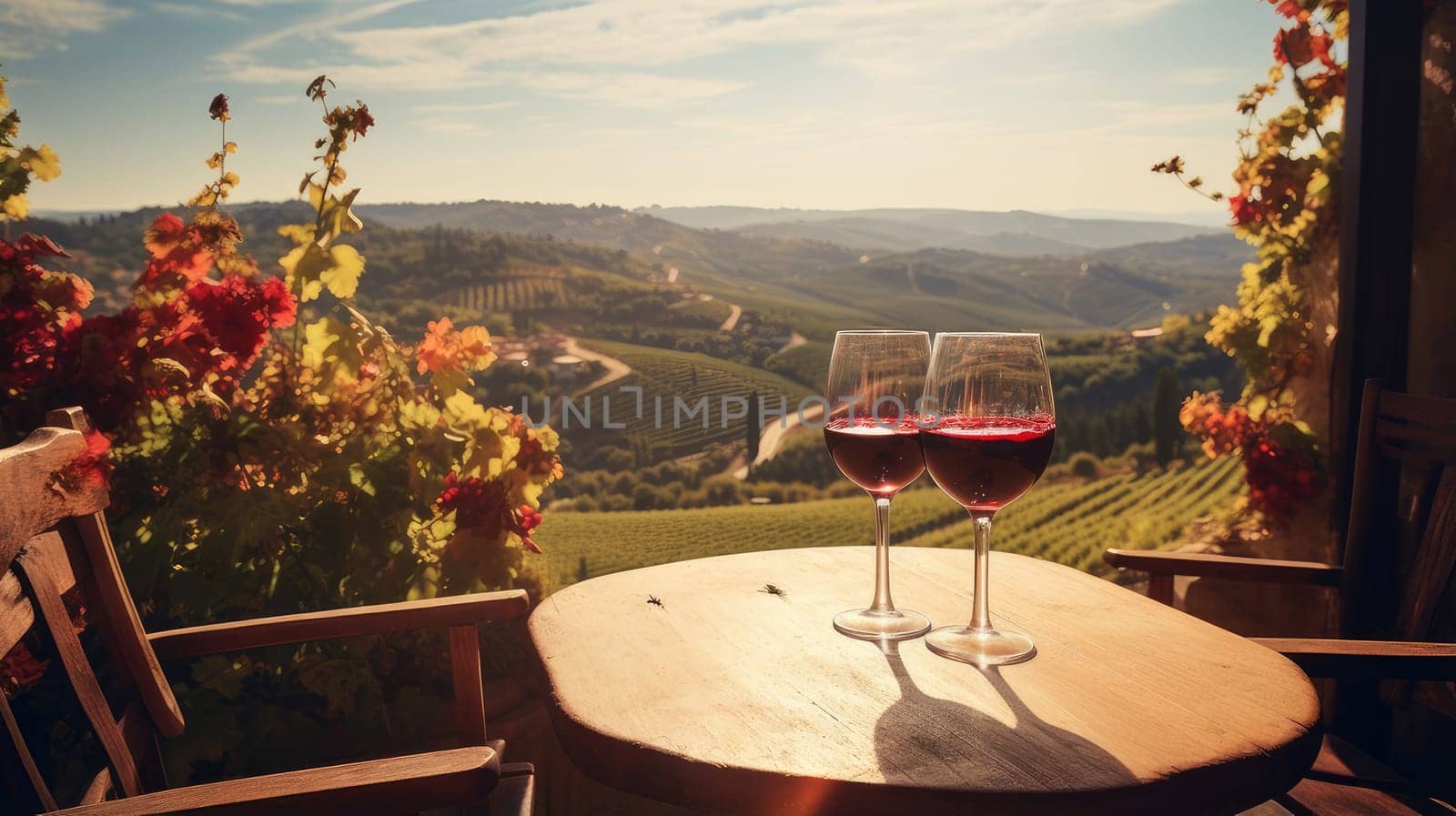 Red wine swirls in a glass. A bush of grapes before harvest. A hand holds a glass of white wine against a vineyard in the background of a rural landscape during sunset. Wine making, vineyards, tourism business, small and private business,