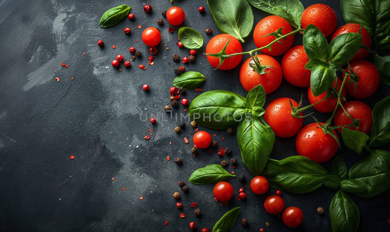 A variety of tomatoes and fresh basil leaves arranged on a wooden table.