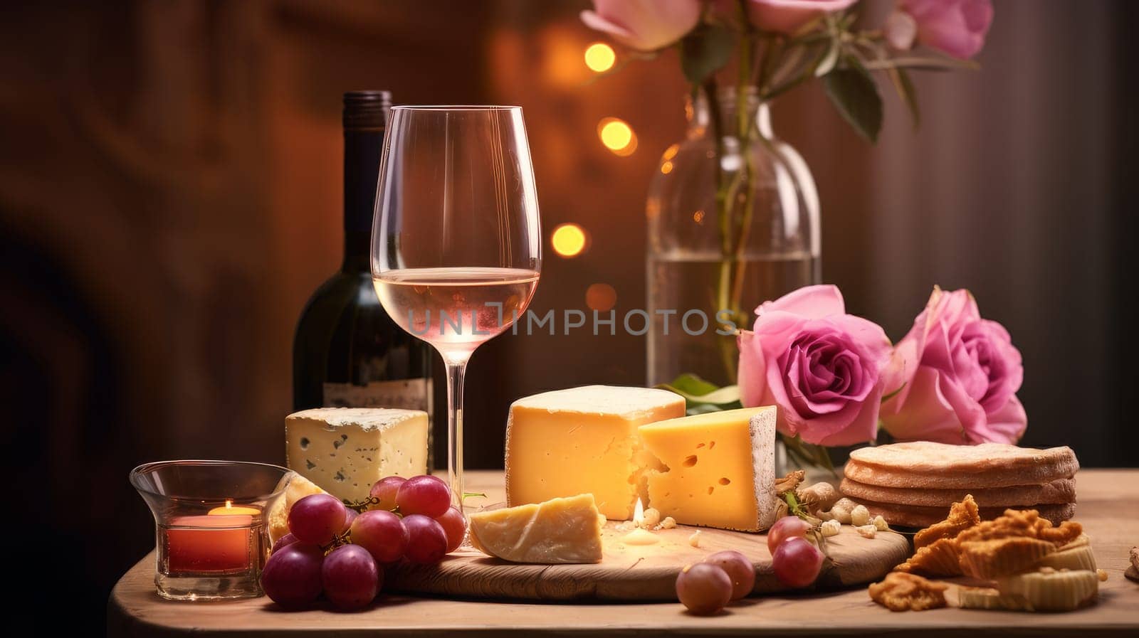 Refined still life with white wine, cheese and grapes on a wicker tray on a wooden table on a dark background. Wine making, vineyards, tourism business, small and private business, chain restaurant, flavorful food and drinks