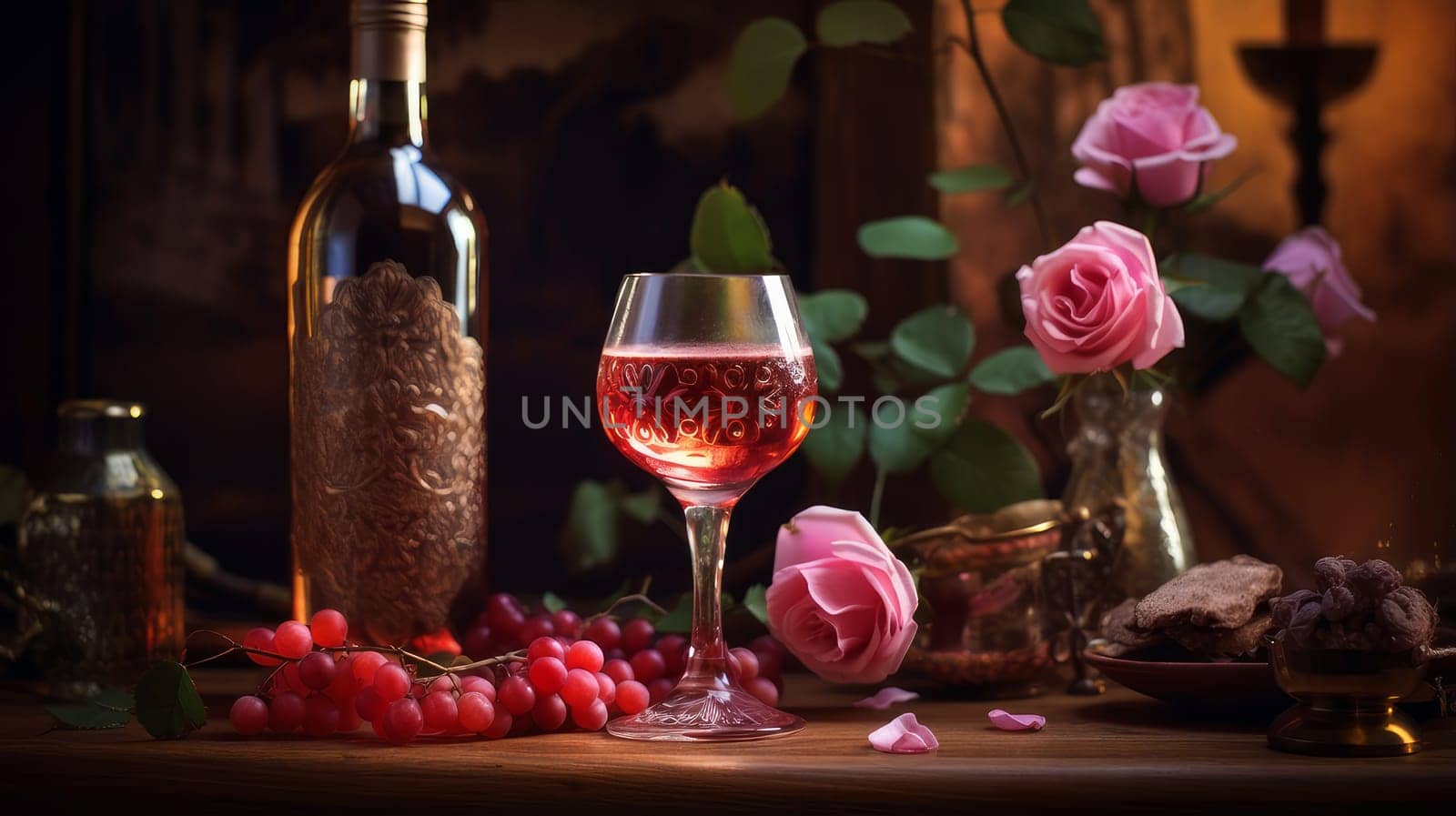 Exquisite still life with rose wine, cheese and grapes on a wicker tray on a wooden table on a dark background. Wine making, vineyards, tourism business, small and private business, chain restaurant, flavorful food and drinks