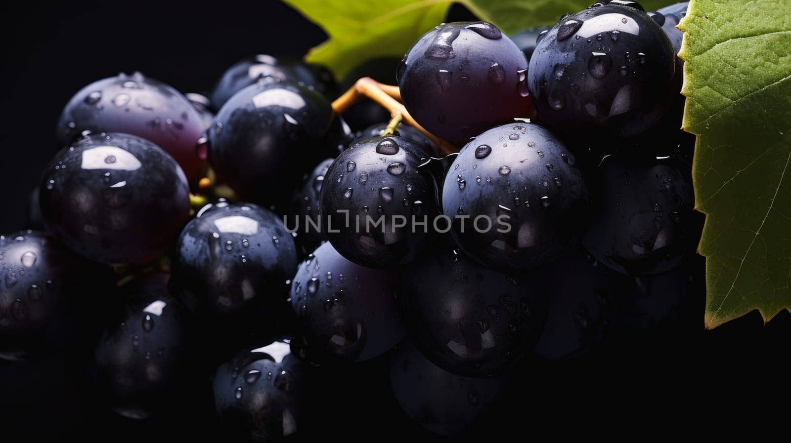 Blue black grapes with water drops, close-up background. Wine making, vineyards, tourism business, small and private business, chain restaurant, flavorful food and drinks