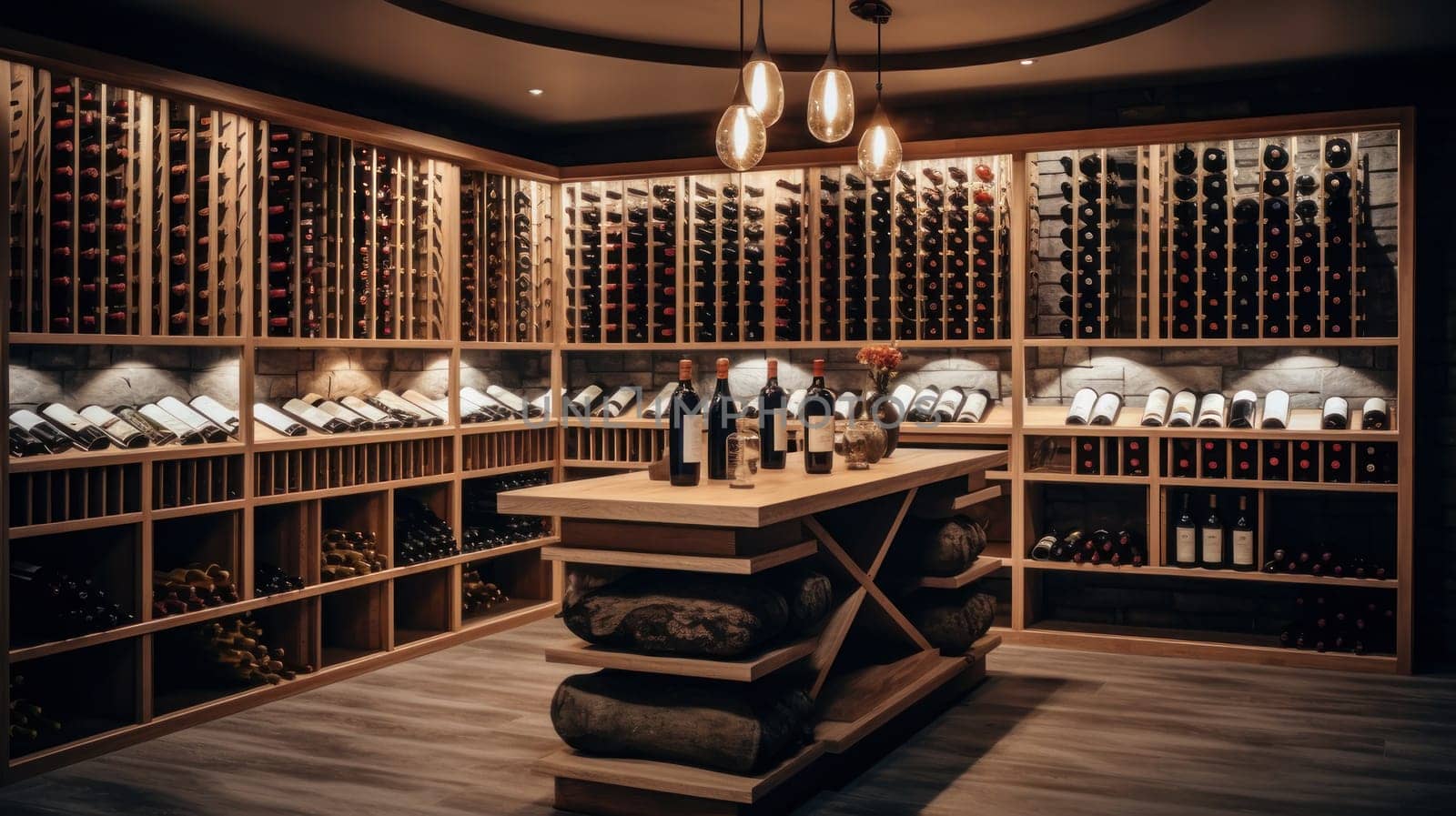 Wine cellar with wine barrels, modern and clean with oak barrels for aging and transport. Wine making, vineyards, tourism business, small and private business, chain restaurant, flavorful food and drinks