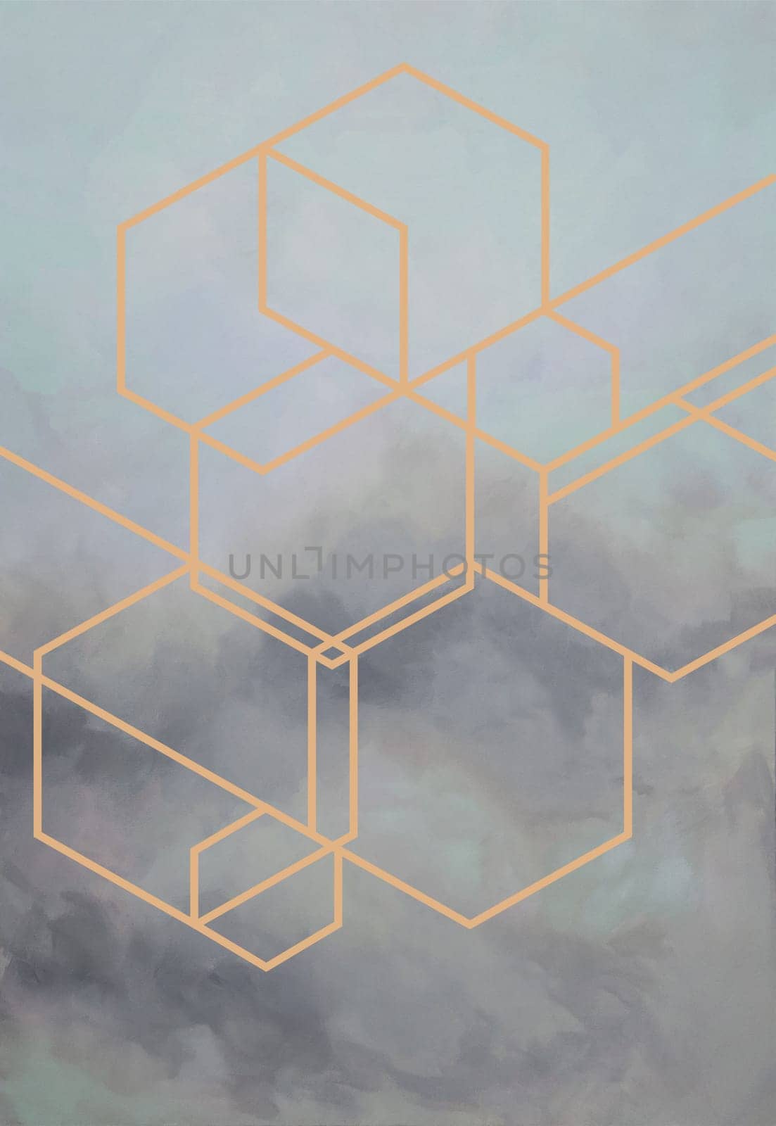 Abstract colorful pastel watercolor with copy space for place your design or invitation card. Digital art painting. Modern technology. Hexahedron, digital geometric abstraction with lines and points.