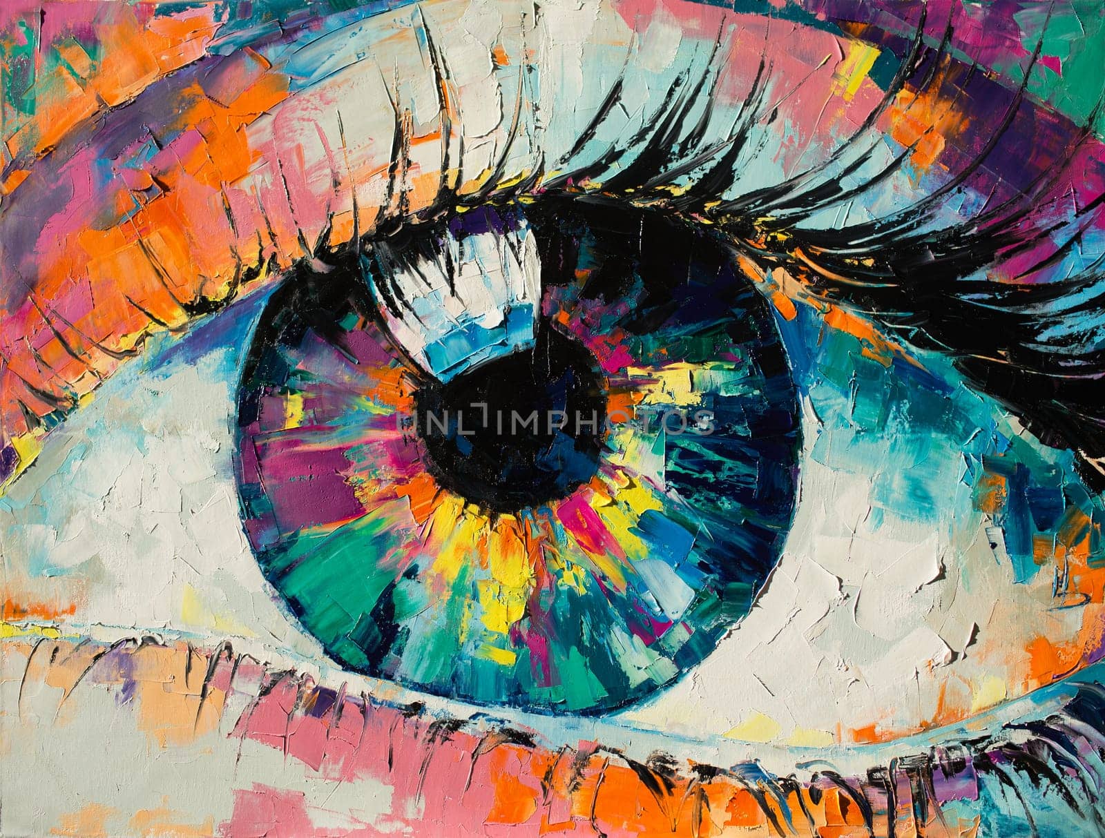 Fluorite - oil painting. Conceptual abstract picture of the eye. Oil painting in colorful colors. Conceptual abstract closeup of an oil painting and palette knife on canvas.
