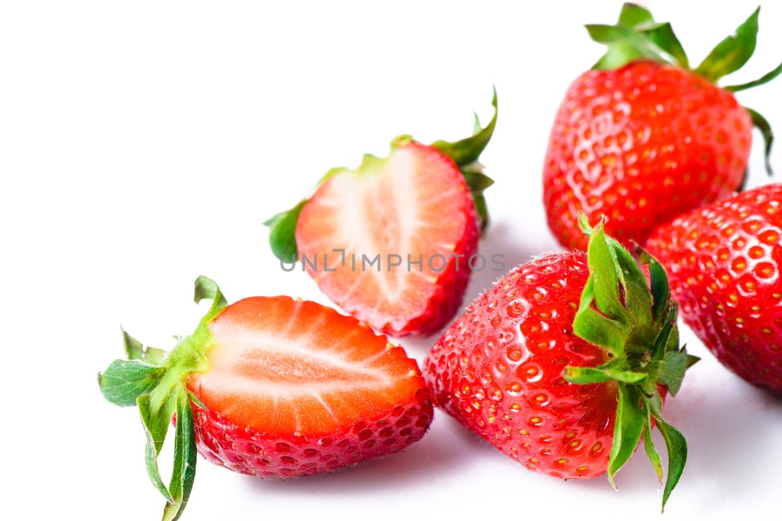 Group of Juicy Strawberry with half sliced isolated on white background.1