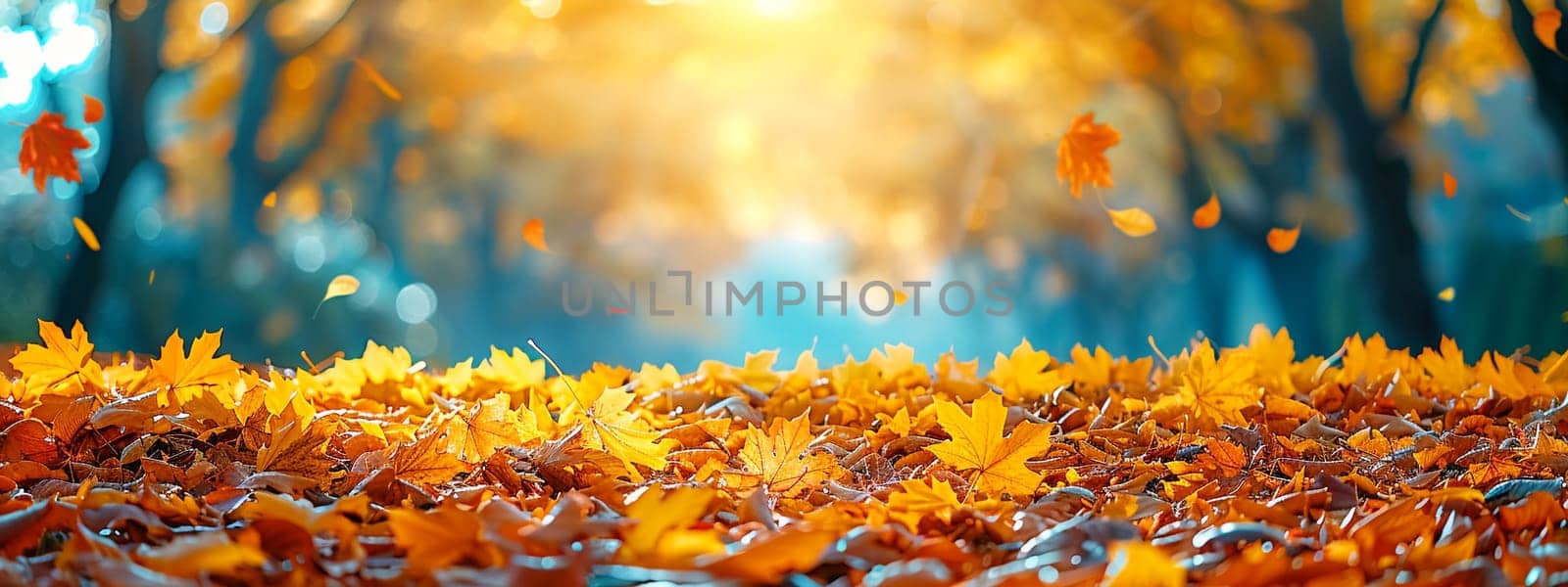 Beautiful autumn landscape with falling yellow leaves covering the ground. The blue sky and the warming sun. Natural autumnal concept. Advertising presentation with space for copy.