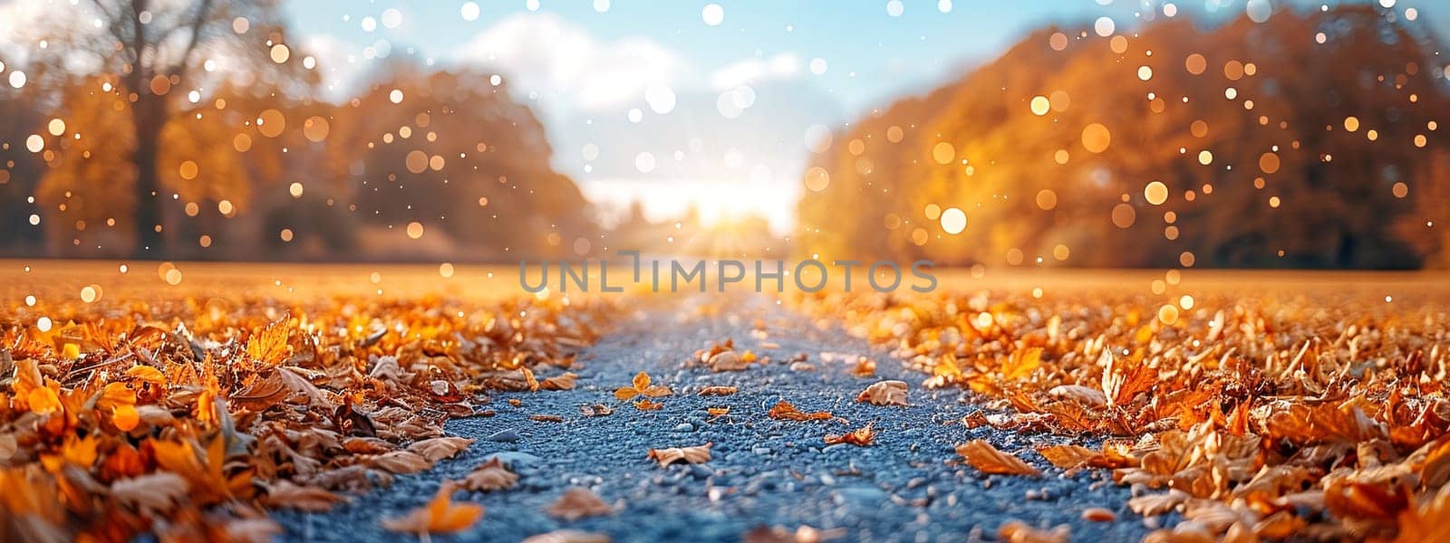 Beautiful autumn landscape with falling yellow leaves covering the ground. The blue sky and the warming sun. Natural autumnal concept. Advertising presentation with space for copy.