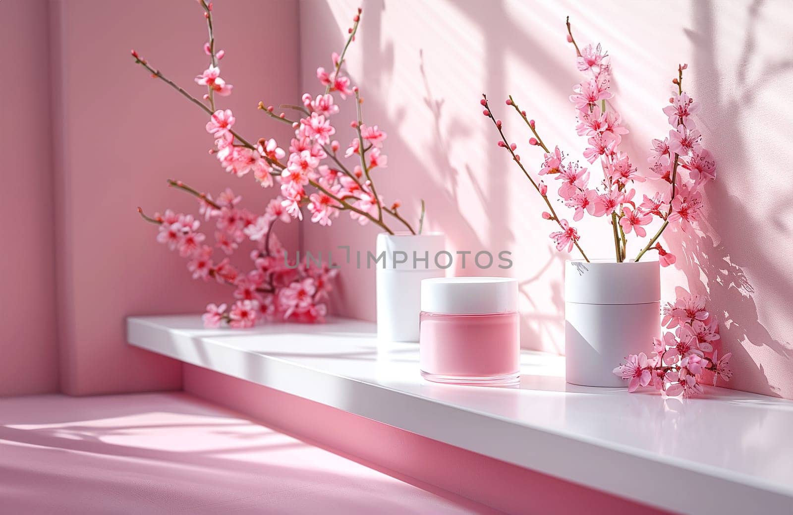 Cosmetic Composition. Beautiful cosmetic skincare makeup containers standing on white table. On the wall reflects the sunlight and shadows. Women make up concept. Copy space.