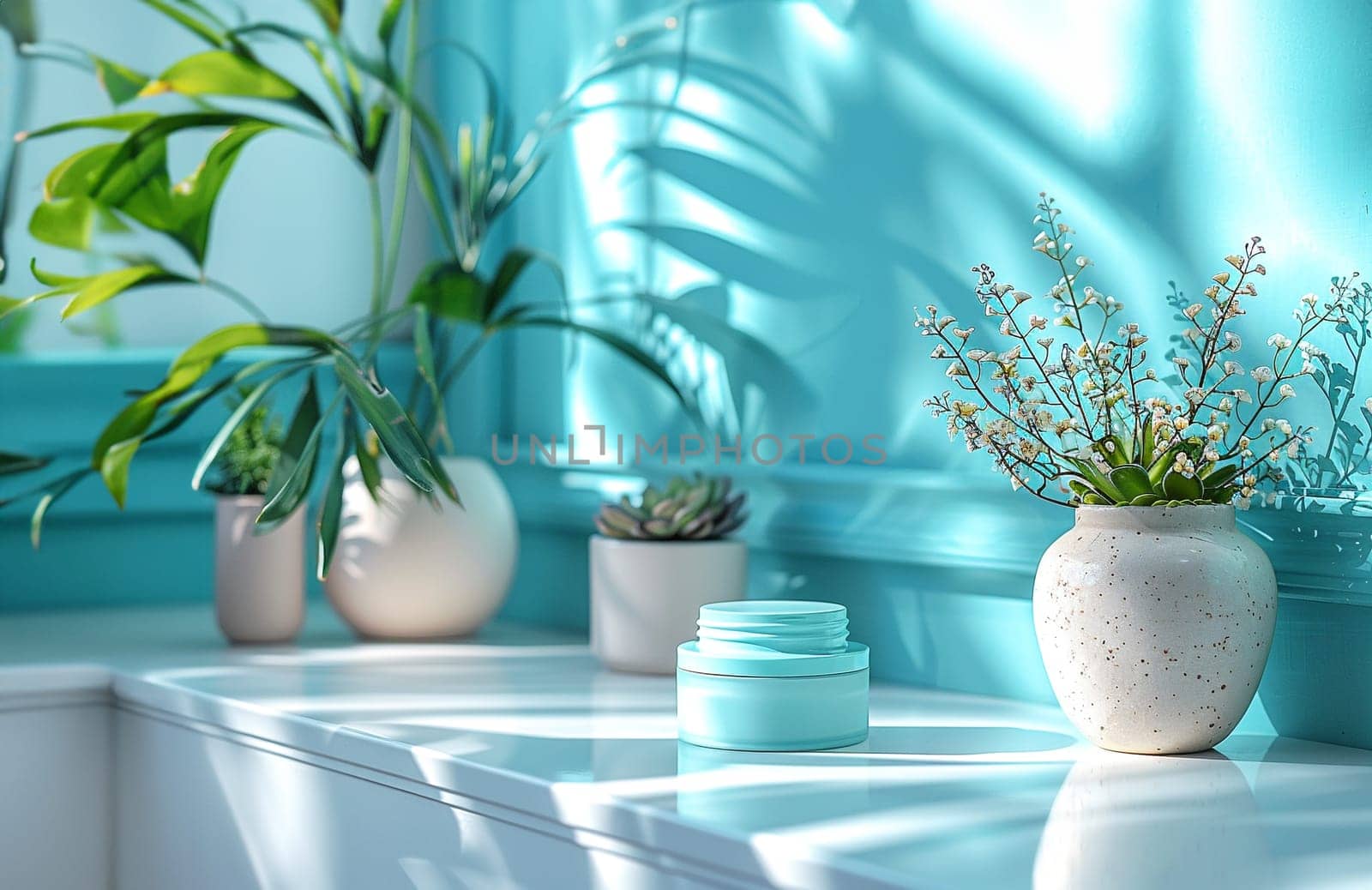 Cosmetic Composition. Beautiful blue pastel color cosmetic skincare makeup containers standing on white table. On the wall reflects the sunlight and shadows. Women make up concept. Copy space.