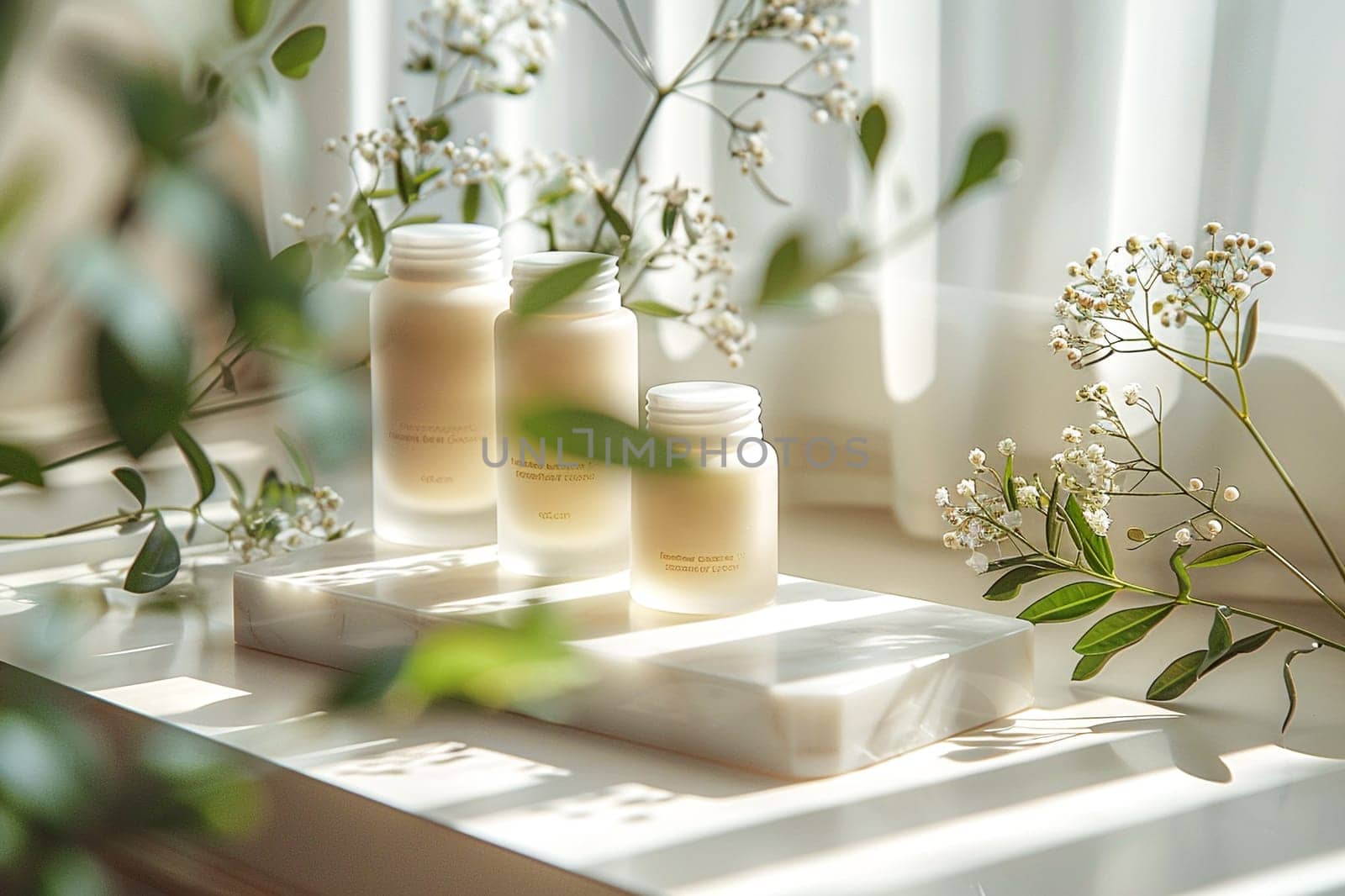 Cosmetic Composition. Beautiful ivory color cosmetic skincare makeup containers standing on white table. On the wall reflects the sunlight and shadows. Women make up concept. Copy space.