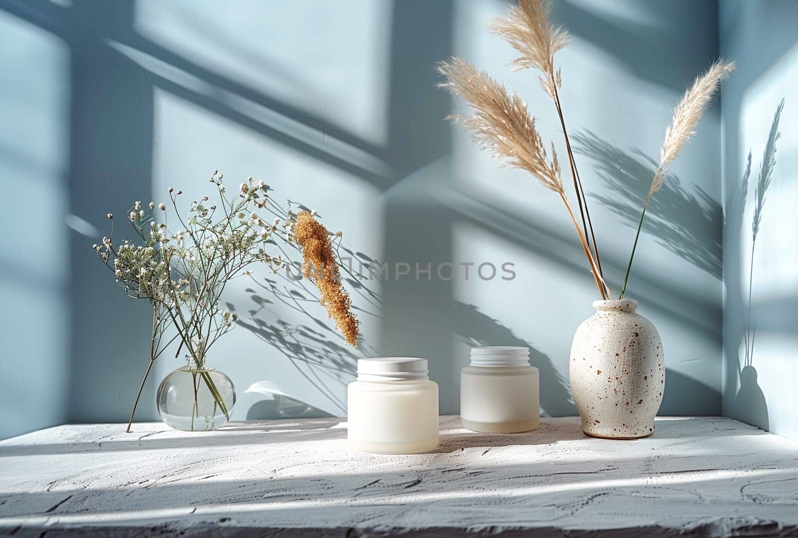 Cosmetic Composition. Beautiful blue pastel color cosmetic skincare makeup containers standing on white table. On the wall reflects the sunlight and shadows. Women make up concept. Copy space.