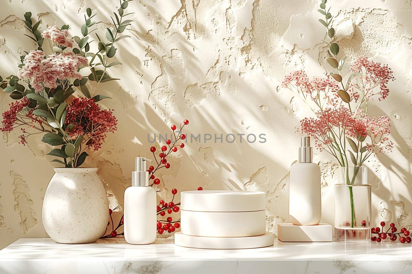 Cosmetic Composition. Beautiful ivory color cosmetic skincare makeup containers standing on white table. On the wall reflects the sunlight and shadows. Women make up concept. Copy space.