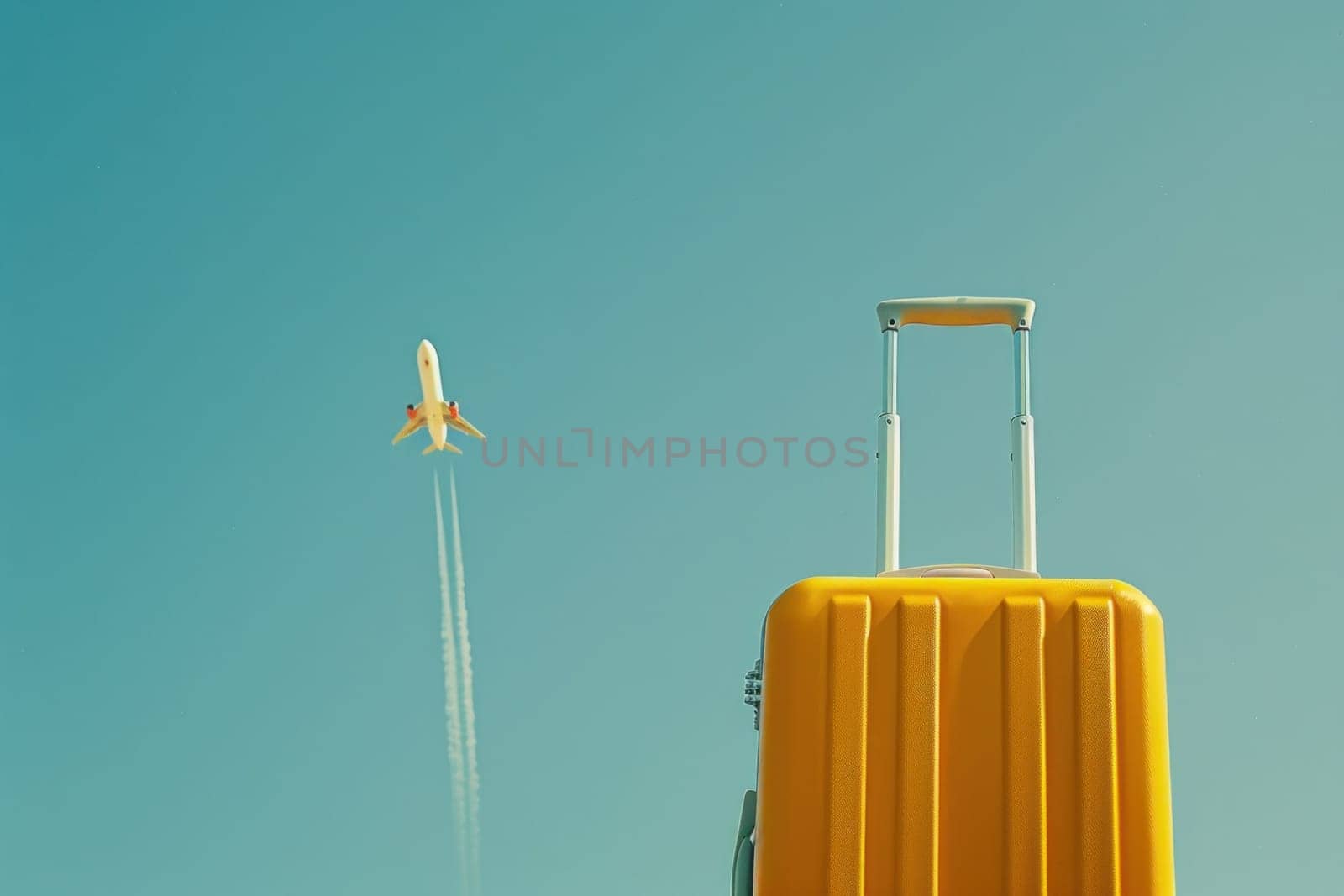Adventure awaits yellow suitcase and airplane soaring high in clear blue sky symbolize travel dreams and wanderlust by Vichizh