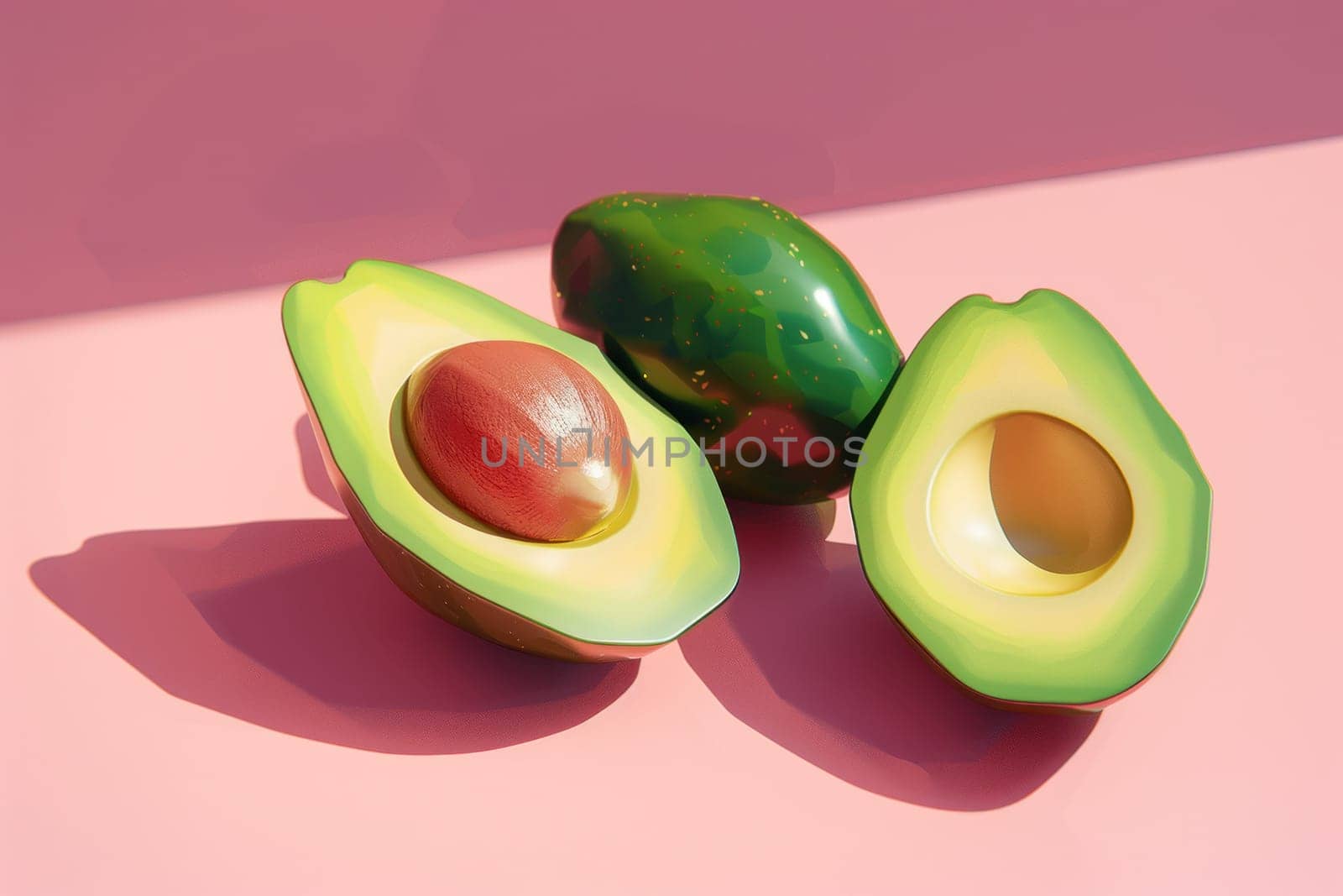 Two fresh avocados on pink surface with red spot, healthy food and beauty concept