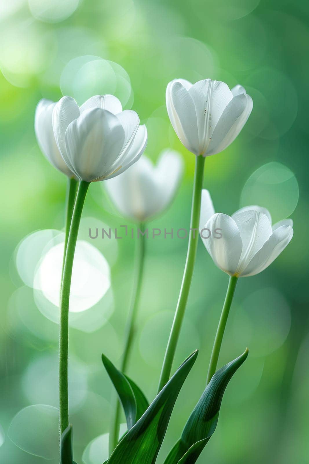 Nature's beauty three elegant white tulips in a serene green background with bokeh effect by Vichizh