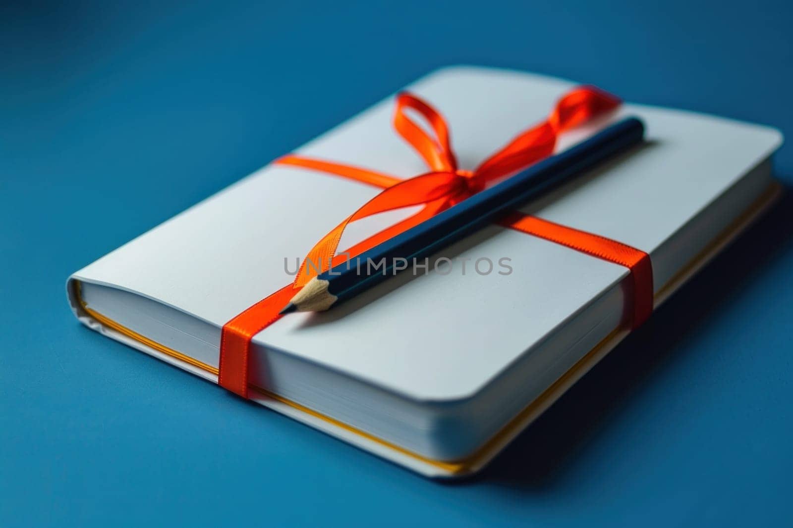 Travel in style white book with orange ribbon and pencil on top for business or pleasure reading journey