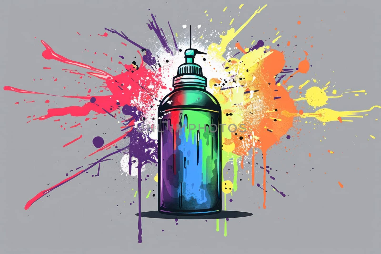 Colorful spray bottle with paint splatters on rainbow background, artistic creative concept for designers and artists