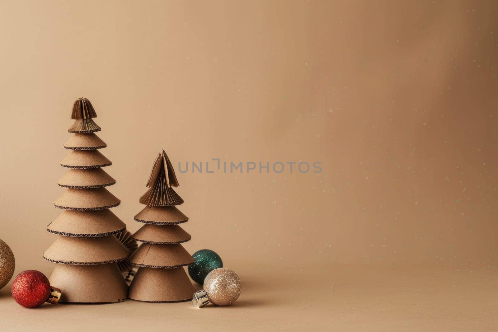 Festive christmas trees with ornaments on beige background for holiday home decor concept by Vichizh