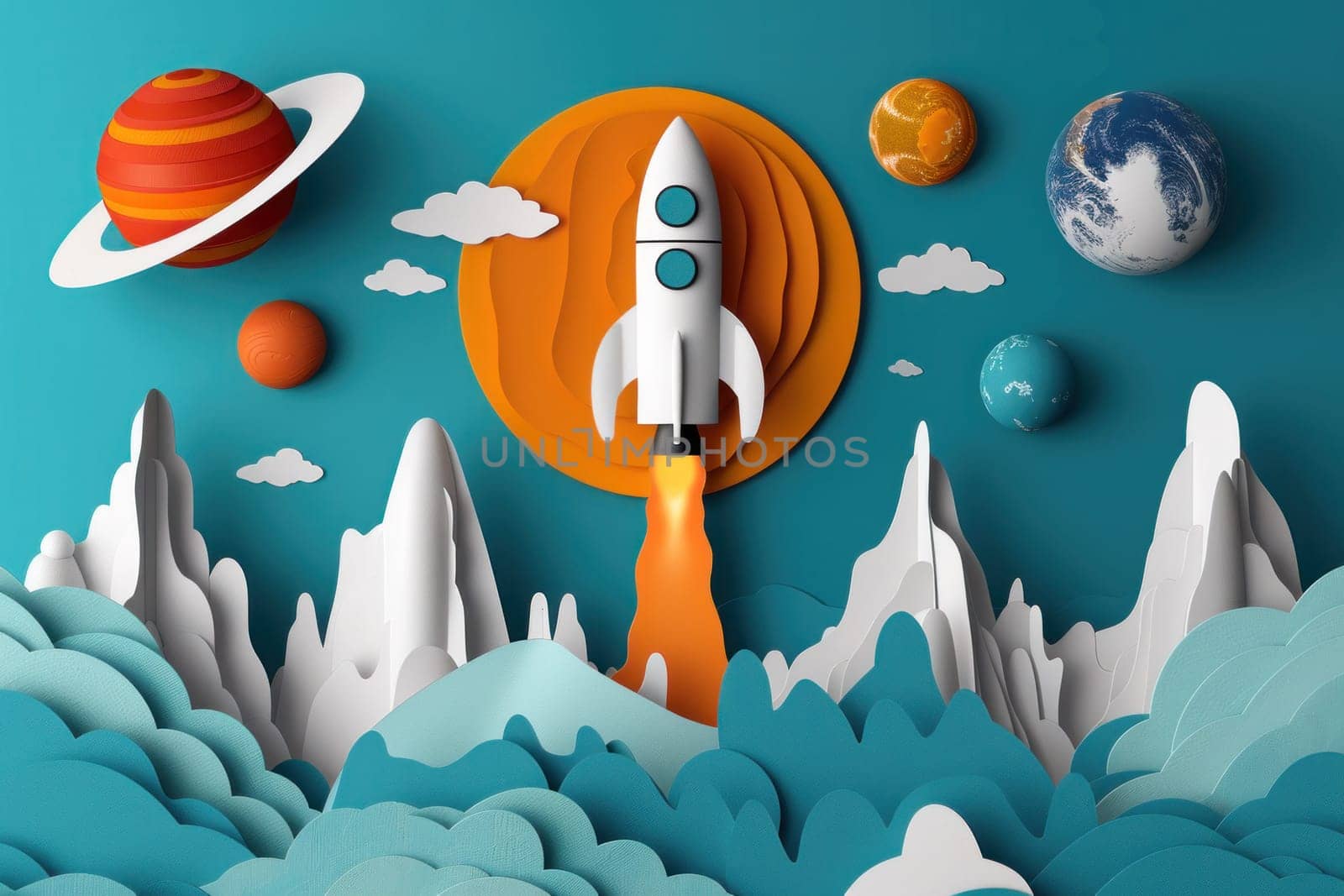 Rocket flying through the sky surrounded by planets and celestial objects in a futuristic space exploration concept