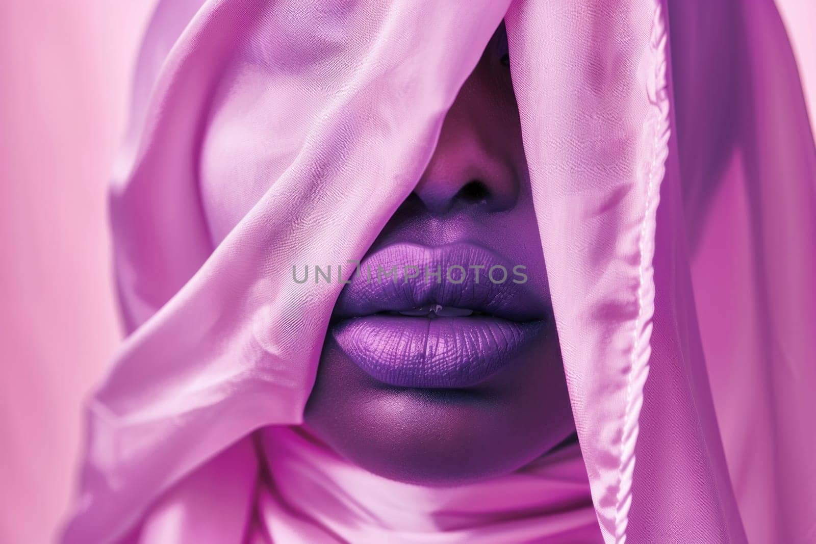 Woman's face covered in pink veil and purple lipstick, beauty and fashion concept