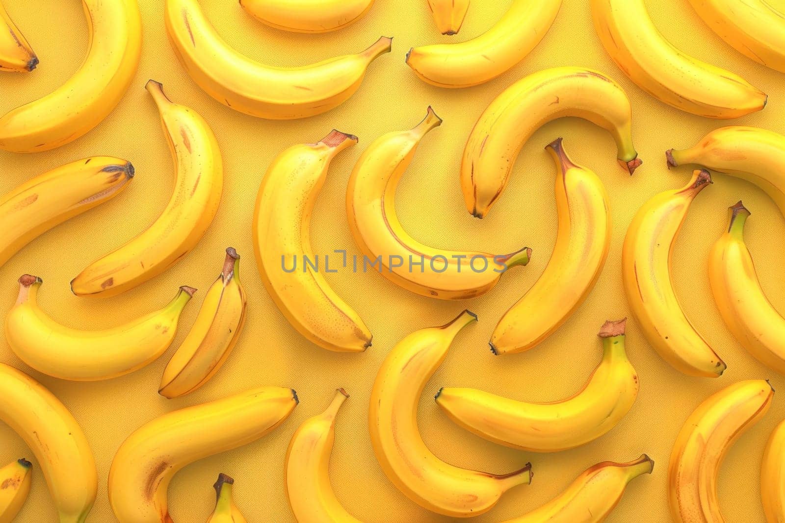 Yellow background with fresh bananas, minimalistic fruit composition for healthy lifestyle and nutrition concept, top view image