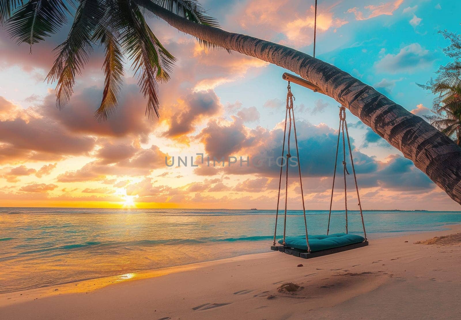 Swing on tropical beach with palm tree at sunset relaxing vacation travel destination beauty nature paradise concept by Vichizh