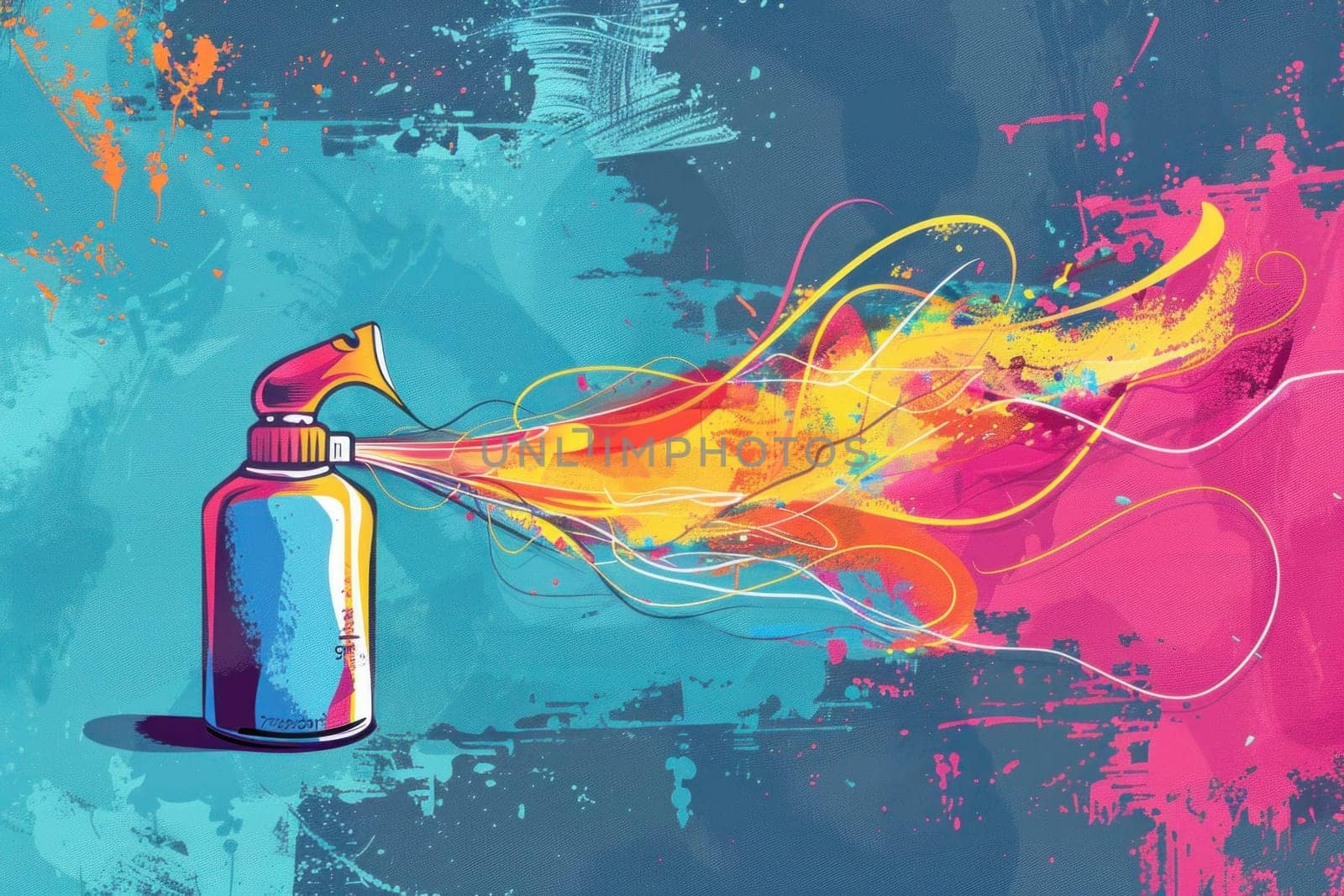 Artistic spray bottle releasing colorful paint on grunge background, artistic concept for creativity and design inspiration