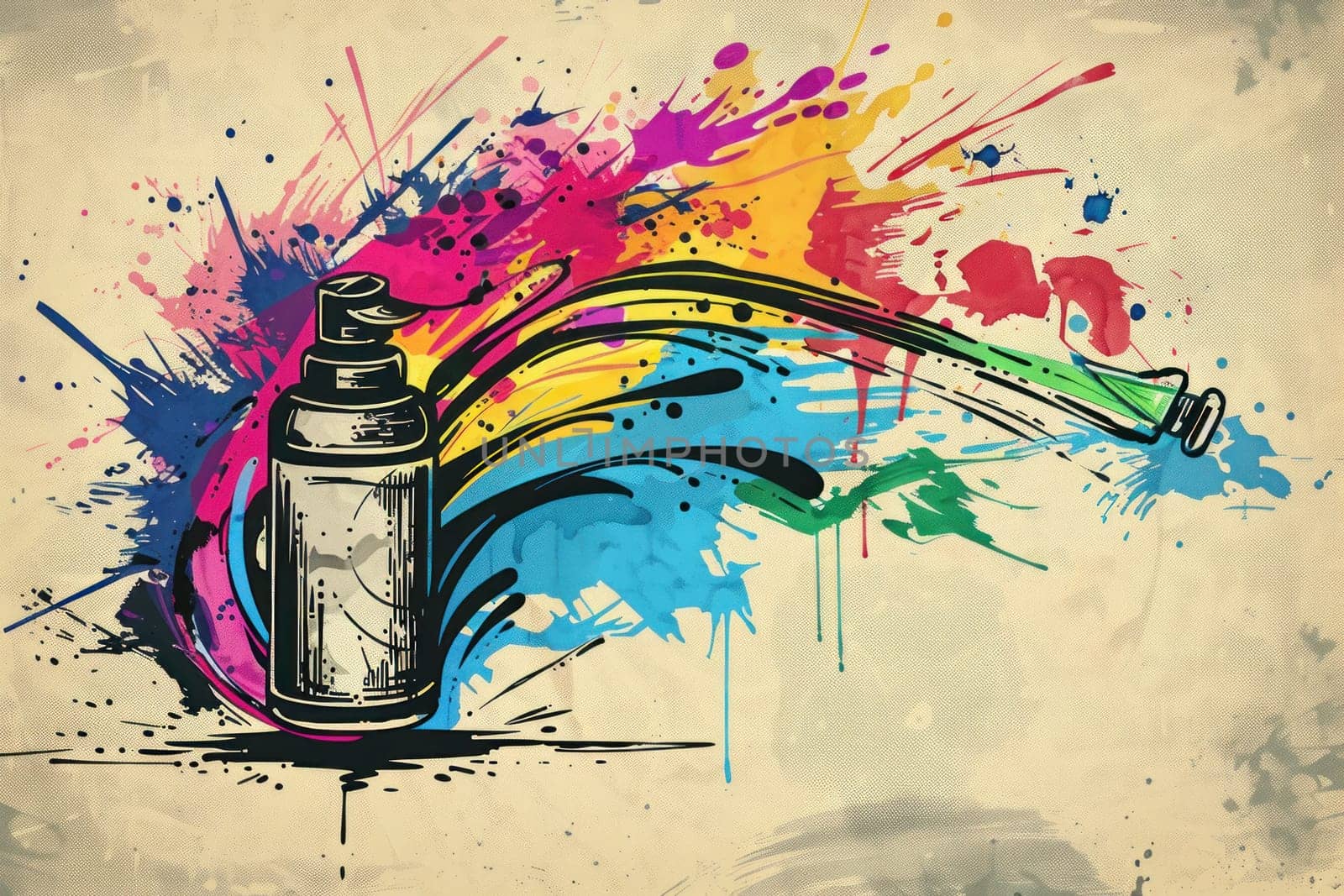 Artistic spray painting supplies with colorful splatters, creativity tools for craft, design, and diy projects by Vichizh