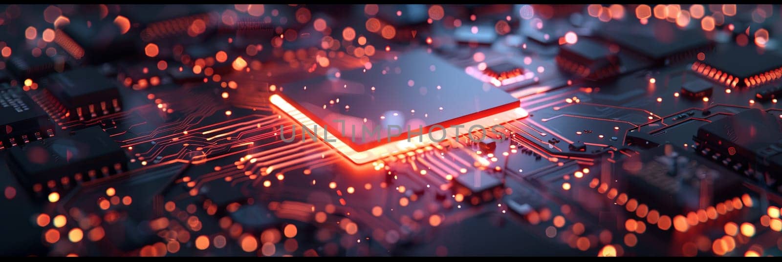 A close-up image of a modern microprocessor on a motherboard, illuminated by glowing red light effects and surrounded by intricate digital data streams.