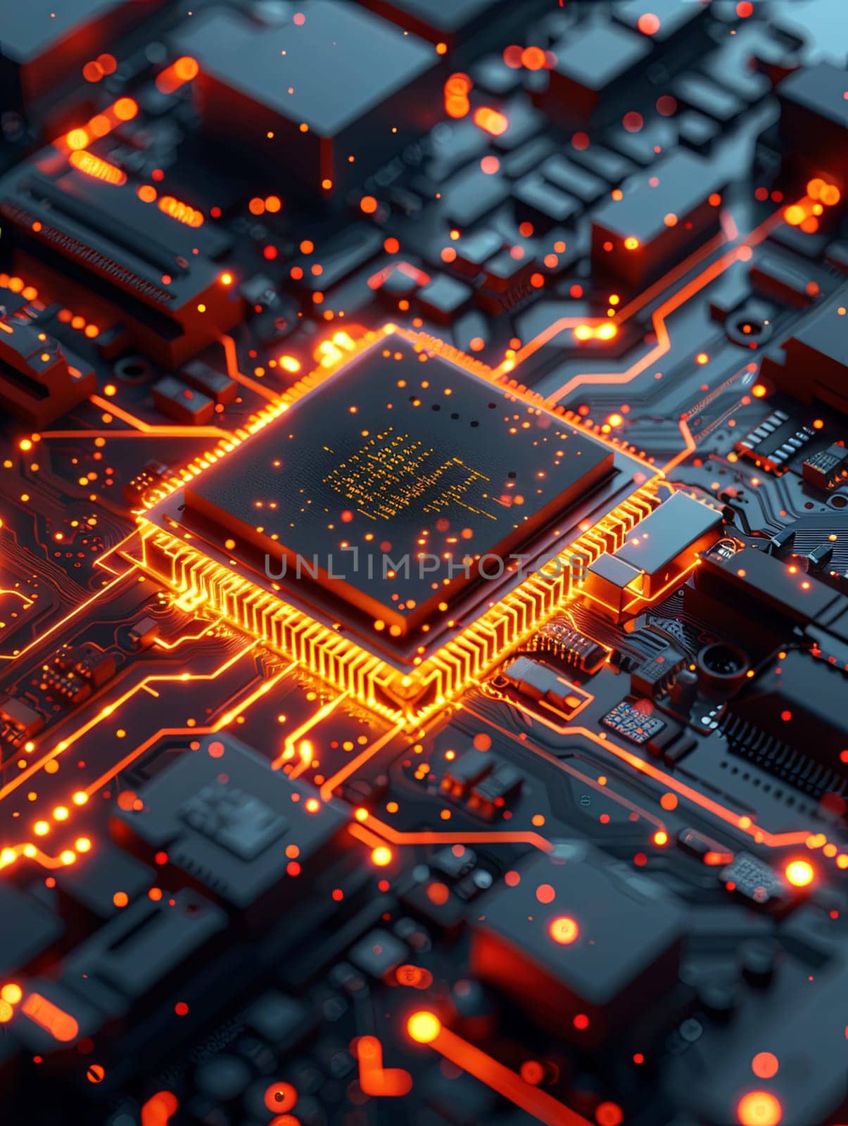 A close-up shot of a modern microprocessor or chip, illuminated by glowing data streams, set against a black motherboard background.