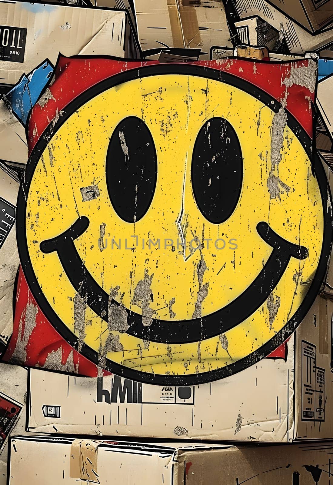 A yellow smiley face emoticon sits on cardboard boxes by Nadtochiy