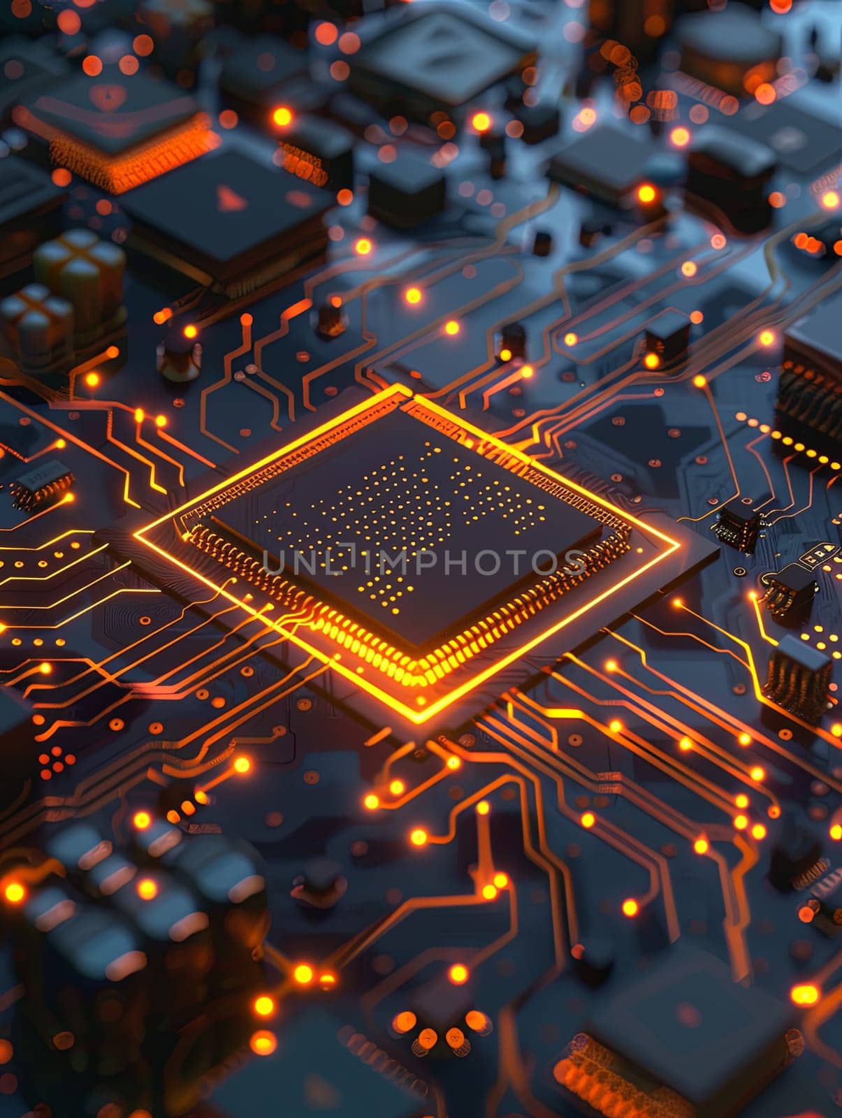 A close-up view of a modern microprocessor on a motherboard, illuminated by glowing circuits and data streams. Generative AI by AnatoliiFoto