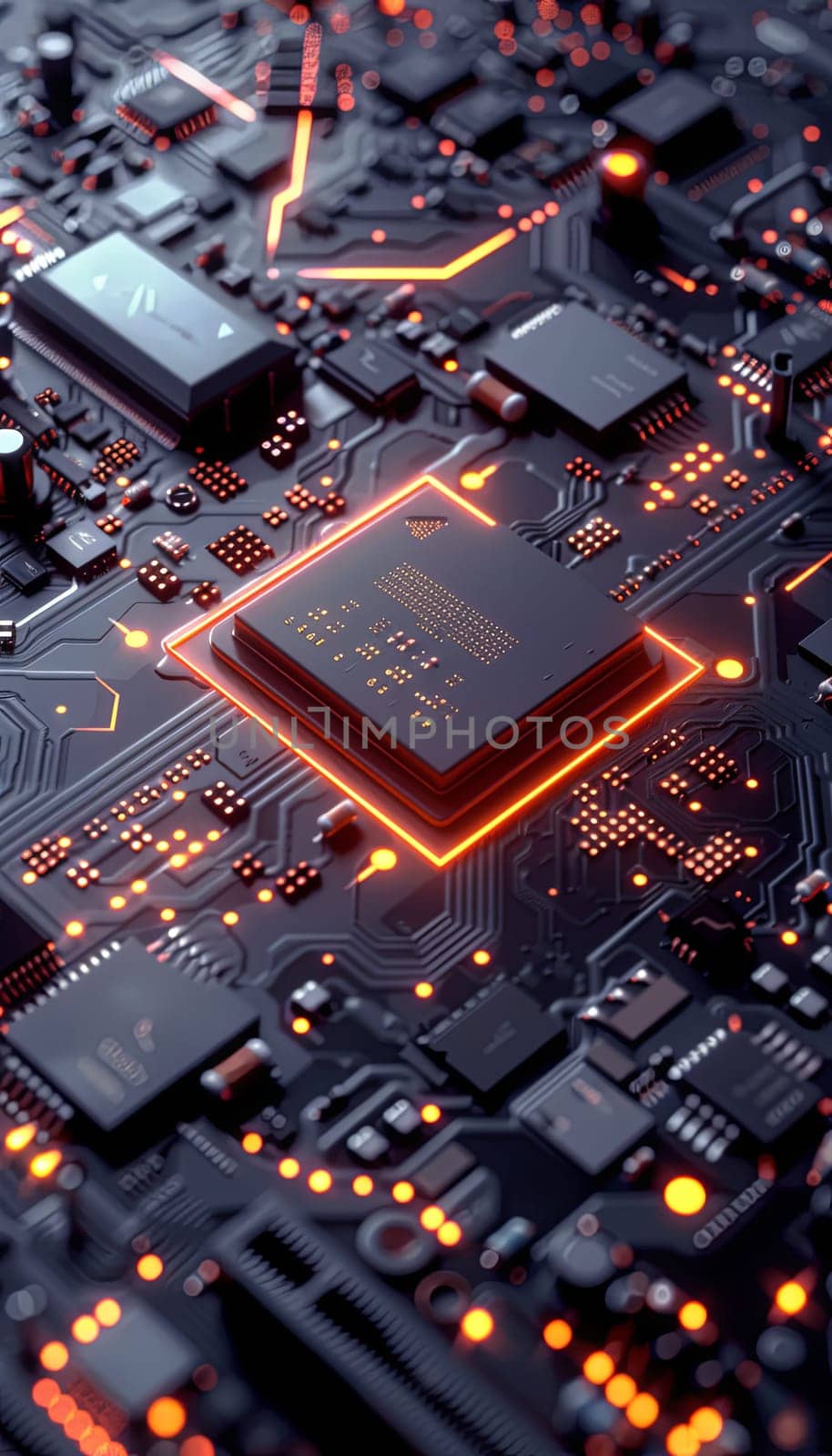 A close-up view of a microprocessor on a motherboard, with glowing data streams symbolizing the power of AI processing. Generative AI by AnatoliiFoto